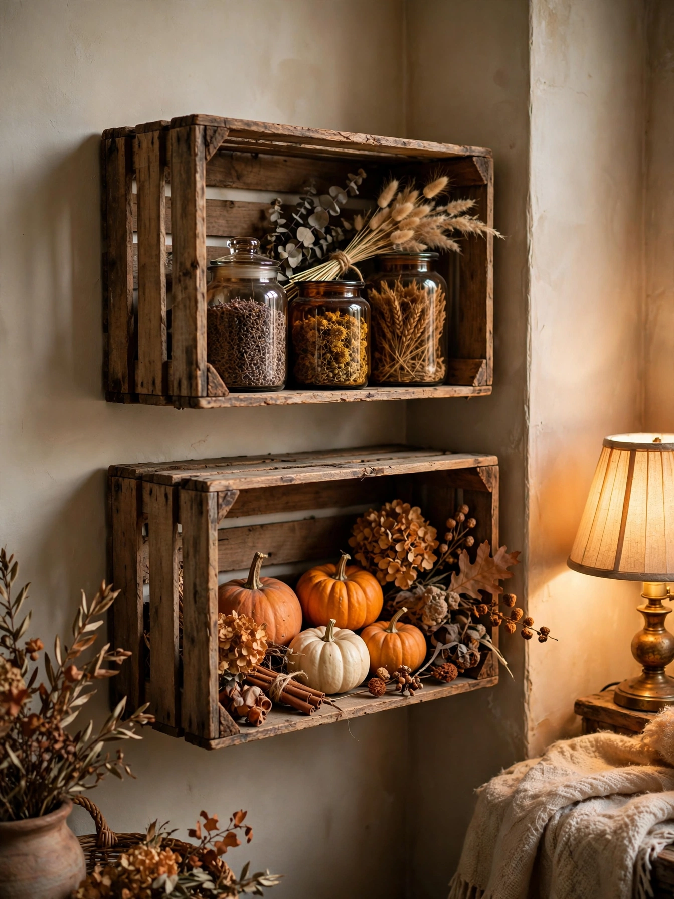 Wooden crates mounted as wall shelves holding amber jars and small pumpkins, one of the vintage fall decor ideas for autumn 2026.