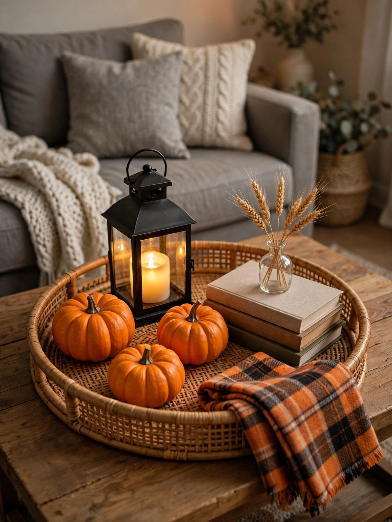 A rattan tray with a glowing lantern, mini pumpkins and books on a coffee table, a styled diy fall decor ideas for autumn 2026.