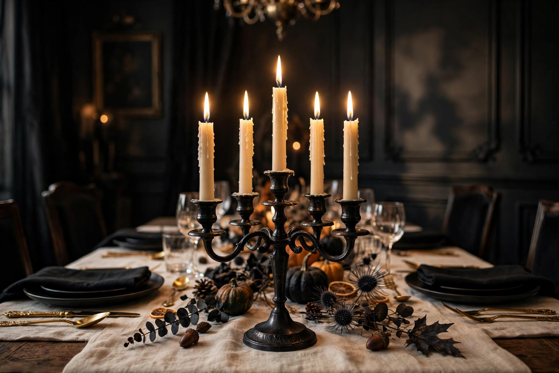 Tall candelabra glowing over a dining table, elegant Halloween dinner decor 2026
