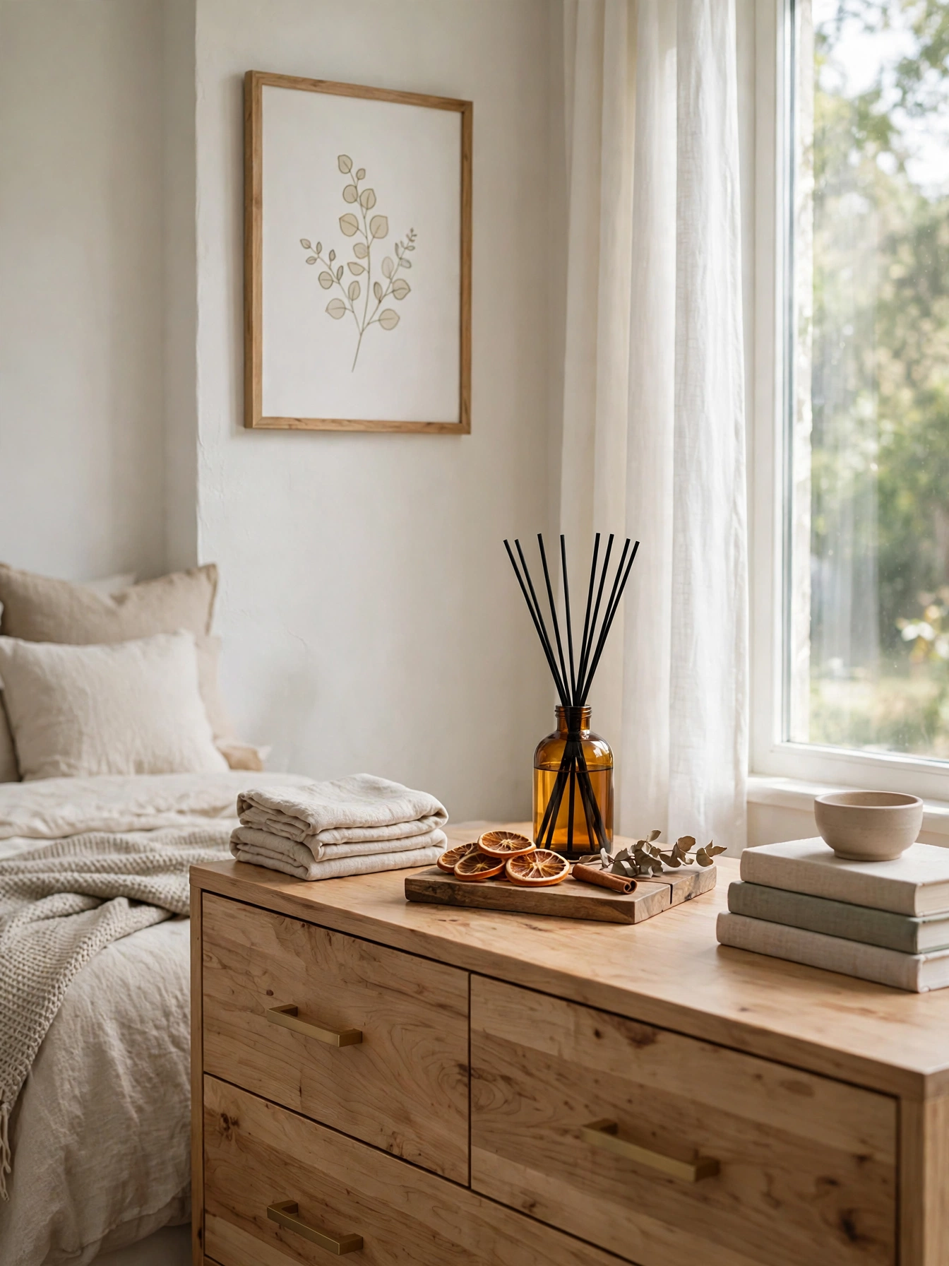 Reed diffuser with amber bottle and black reeds on a small wooden tray with dried orange slices in a bedroom.