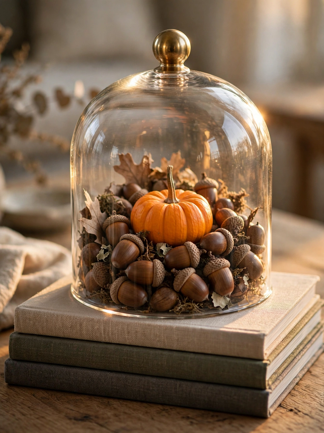 A glass cloche filled with acorns and a tiny pumpkin on a stack of books, a curated specimen look in these fall coffee table decor ideas for autumn 2026.