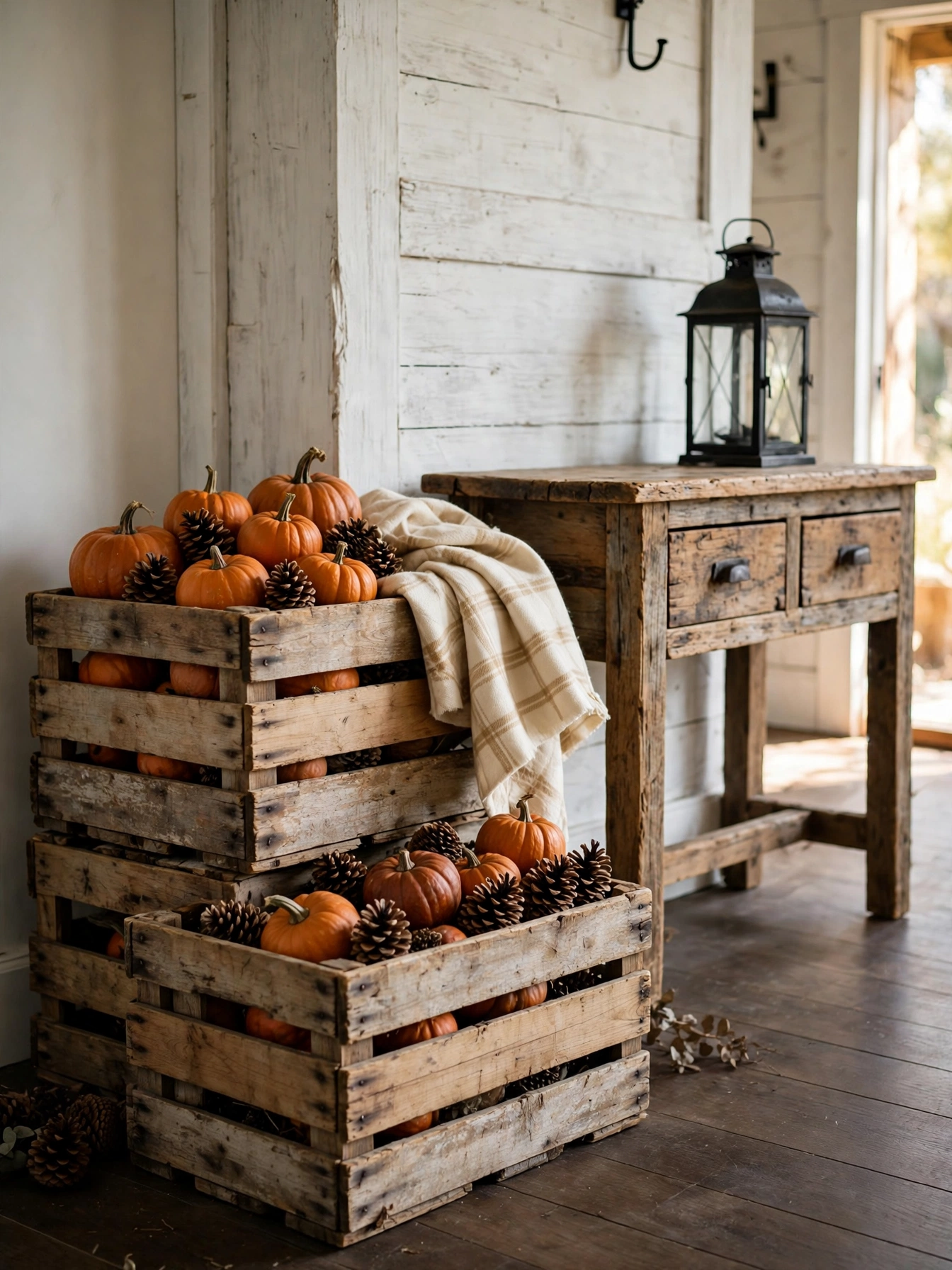 Fall entry table decor ideas for autumn 2026: two stacked wooden crates holding pumpkins and pinecones beside a reclaimed wood console.