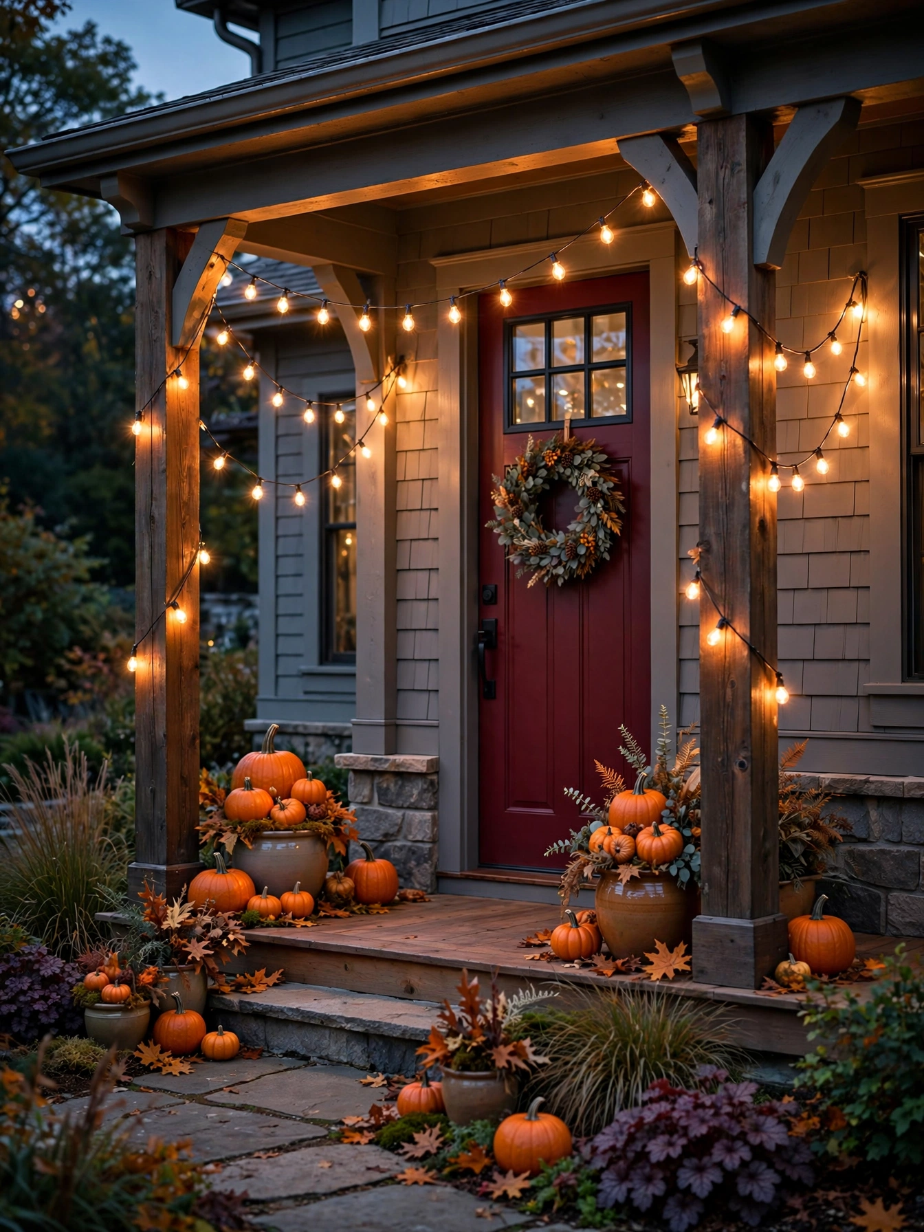 Warm white string lights swagged between porch posts around a burgundy door at dusk, the glow that completes these fall front door decor ideas for autumn 2026.