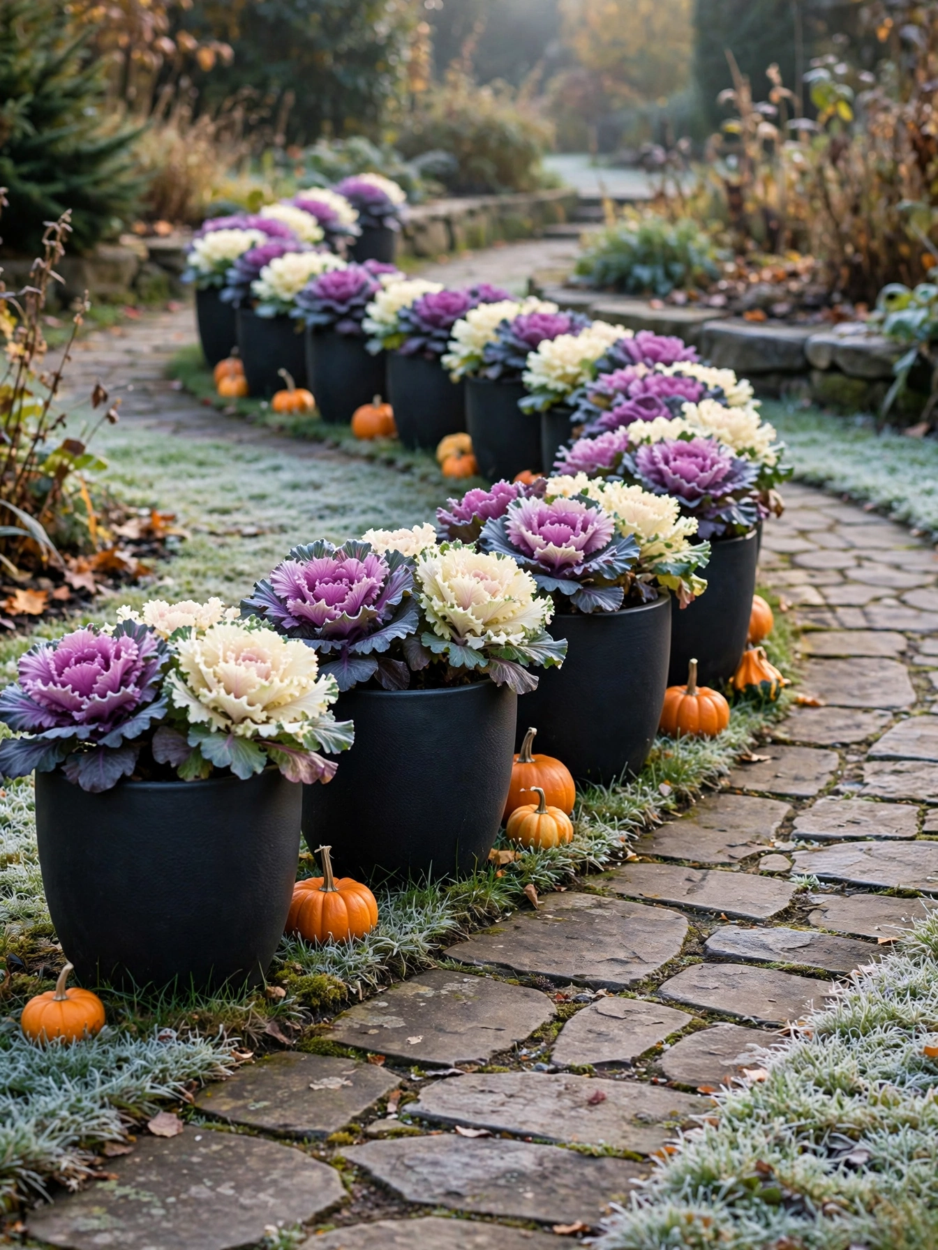 Purple and cream ornamental kale in black pots lining a stone walkway, a frost-tough planting in these fall outdoor decor ideas for autumn 2026.