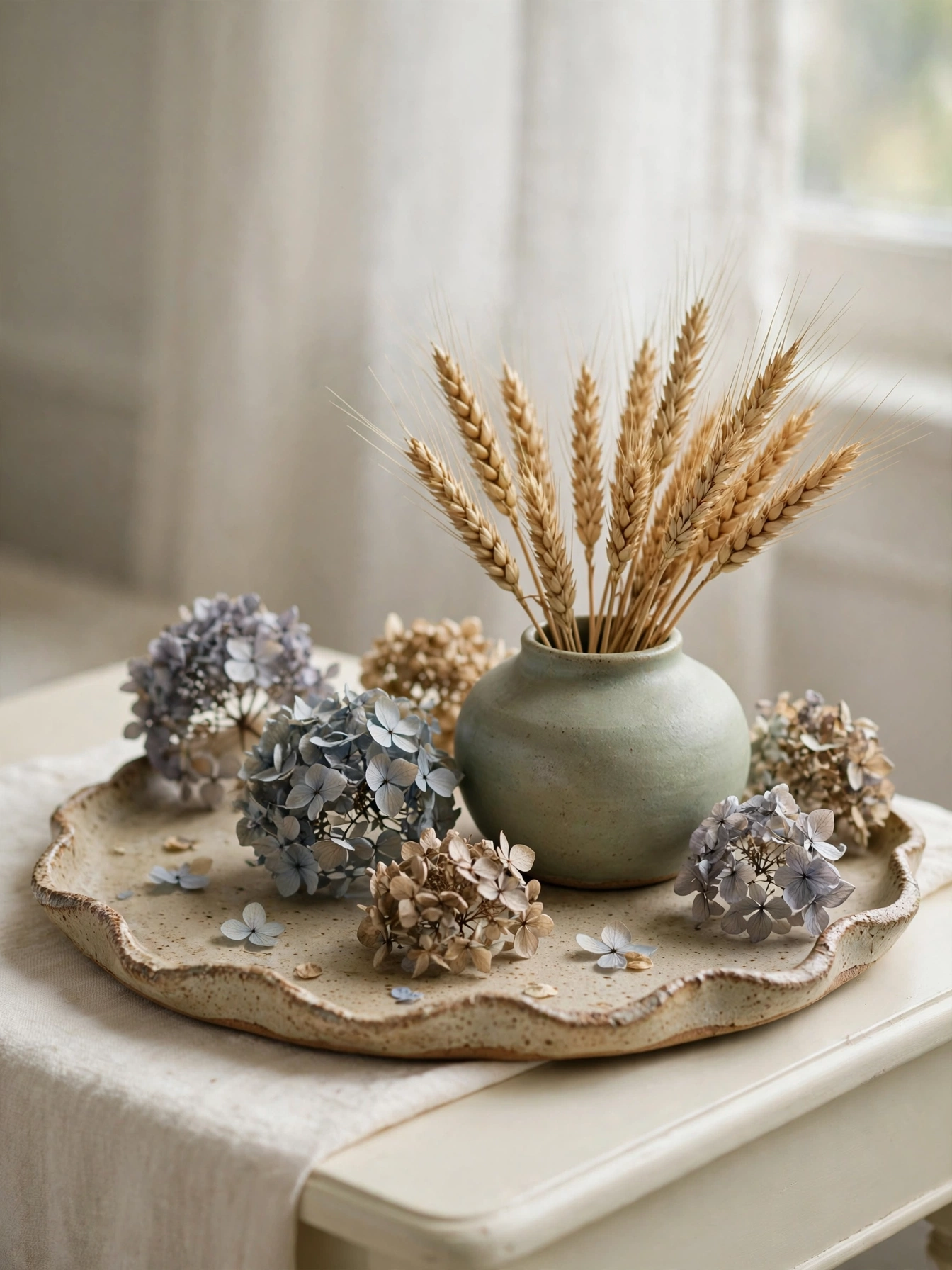 Ceramic tray with dried hydrangeas and wheat in a low sage vase, featured among the fall tray decor ideas for autumn 2026 here.