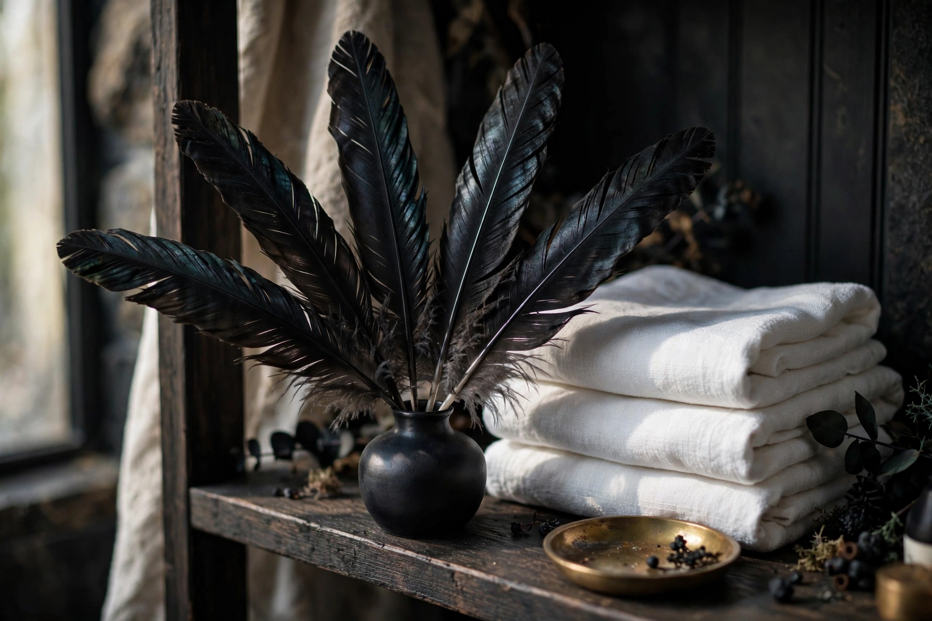 Raven feather details in a Halloween bathroom