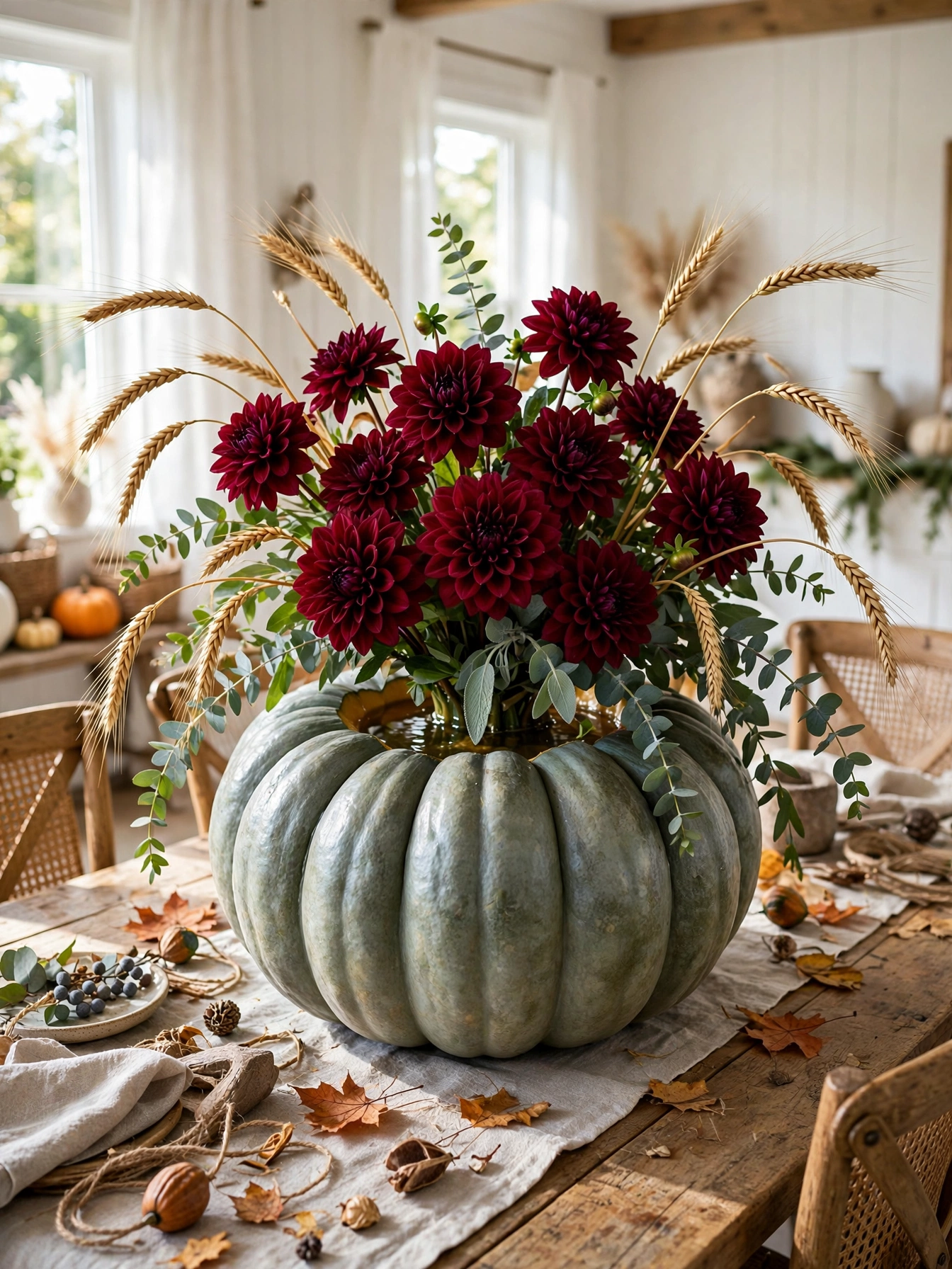 A large hollowed heirloom pumpkin used as a vase, overflowing with a fall bouquet of dahlias, eucalyptus, and dried wheat ...