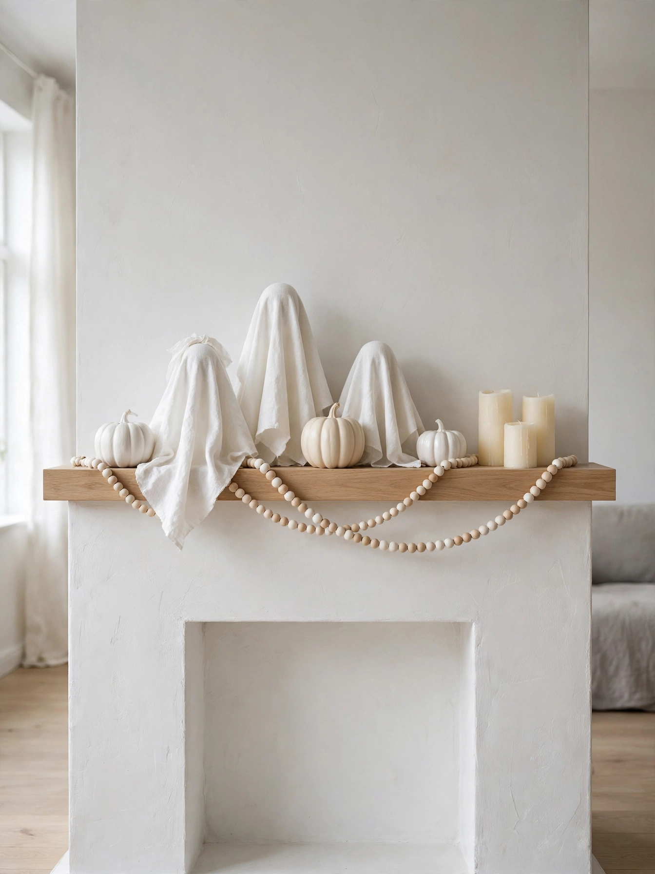 A minimalist Halloween mantel styled entirely in white and cream: white fabric ghost figures, white pumpkins, cream pillar...