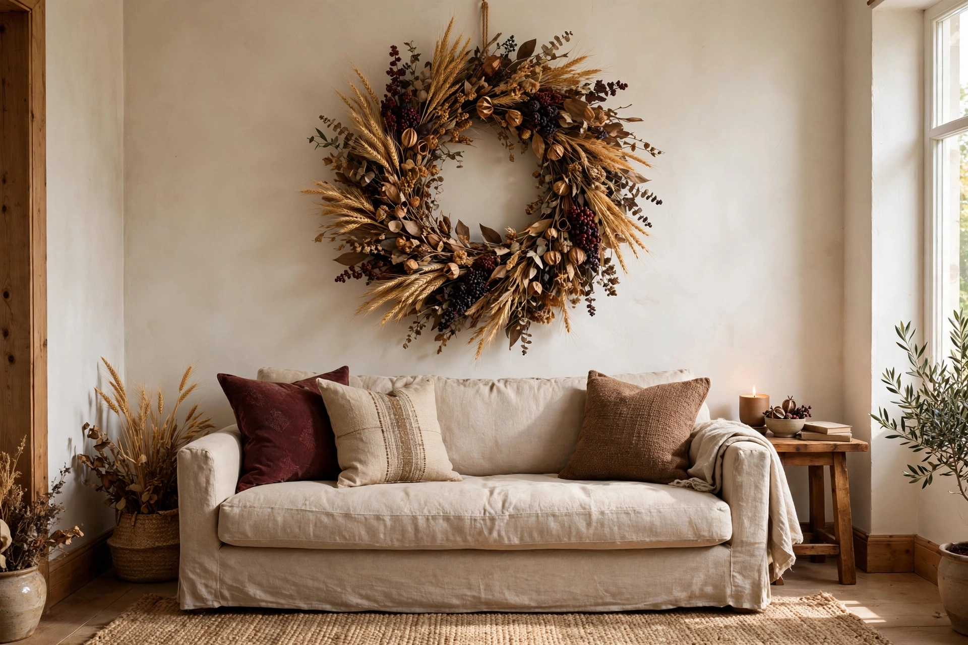 A large dried harvest wreath with wheat, seed pods and dark berries hanging on the wall above a beige sofa