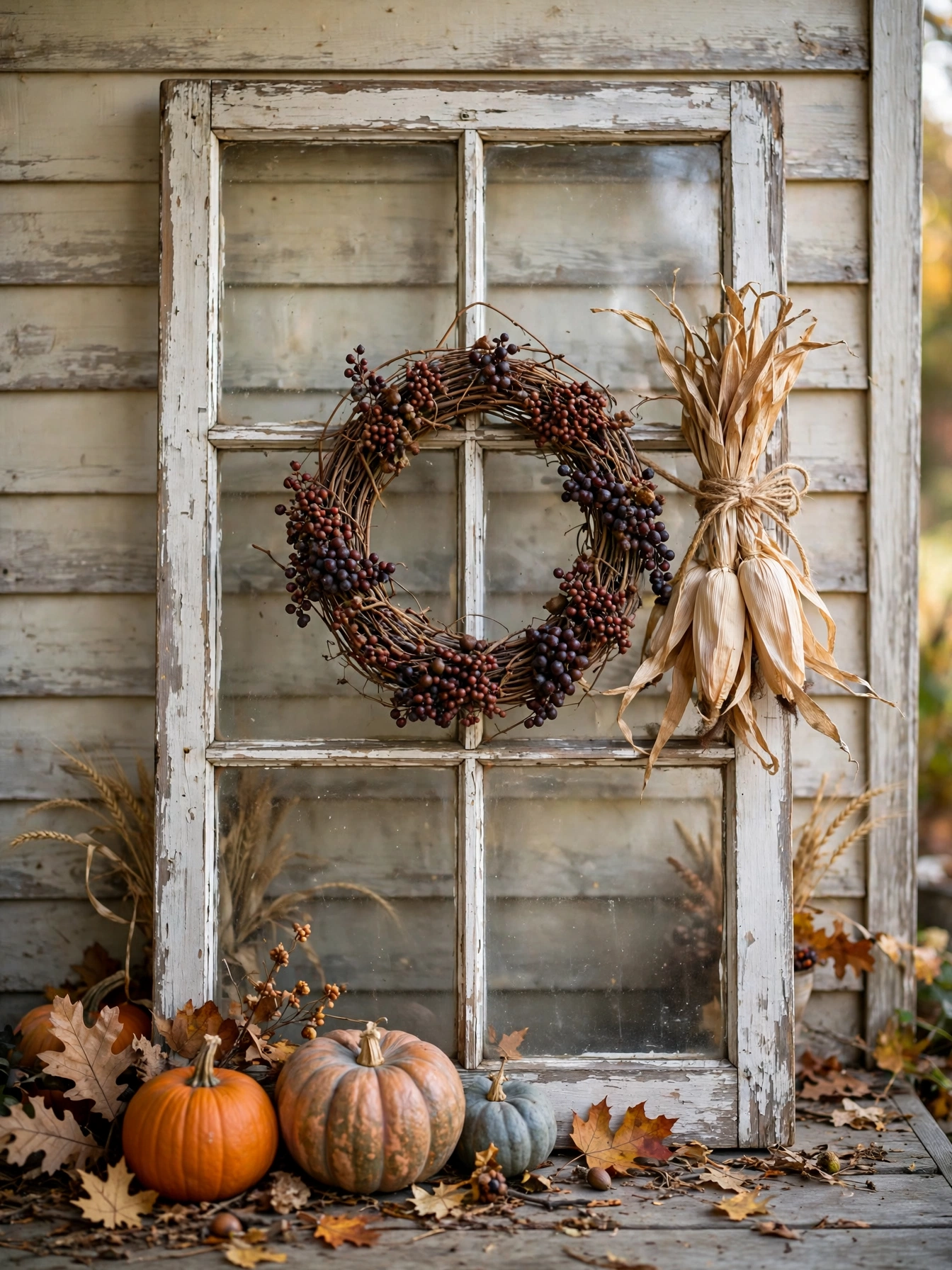 A weathered window frame with a grapevine wreath leaning on a porch wall, one of the vintage fall decor ideas for autumn 2026.