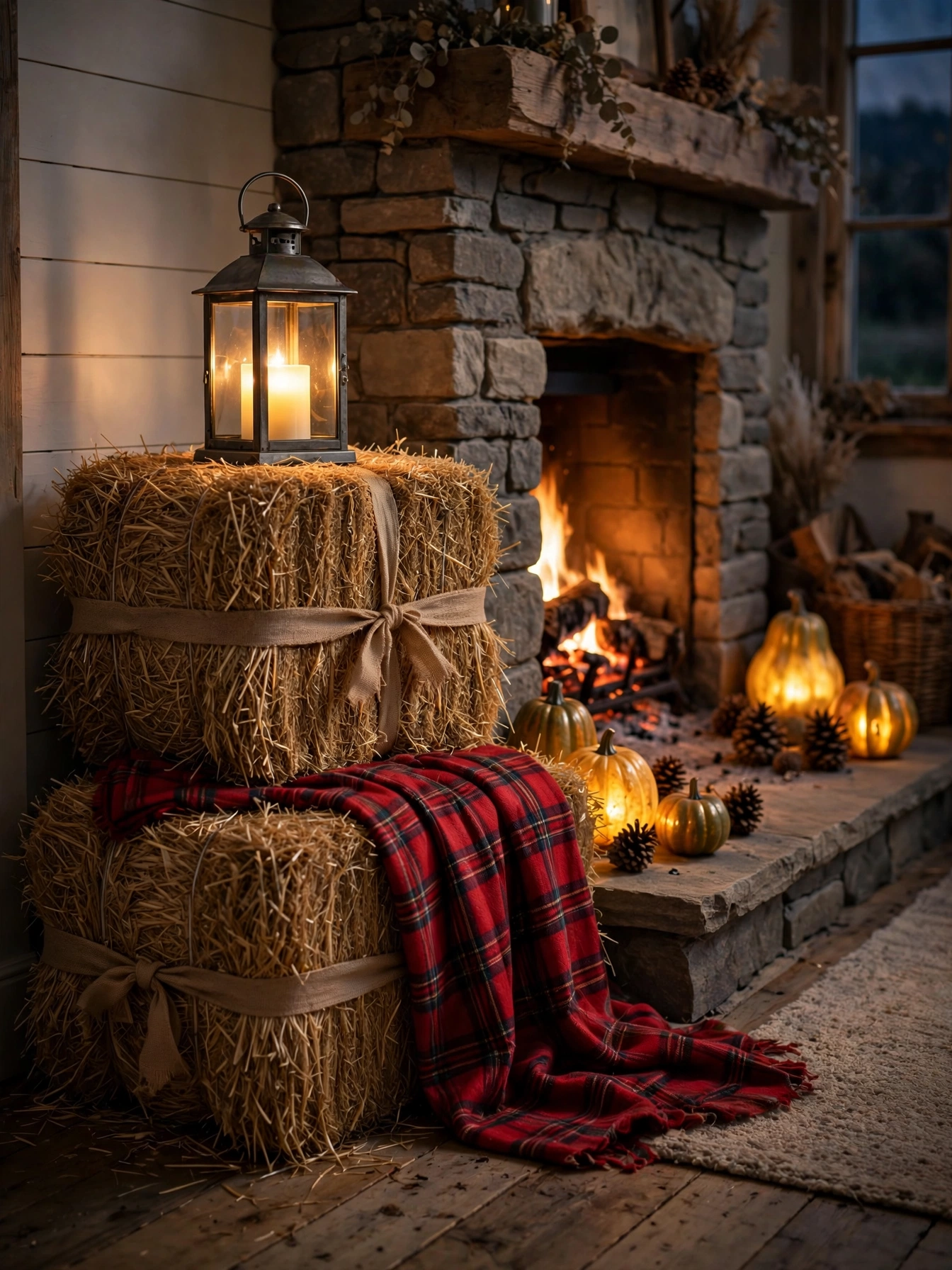 Mini hay bales with glowing gourds and a plaid blanket by a stone fireplace, a farmhouse diy fall decor ideas for autumn 2026.