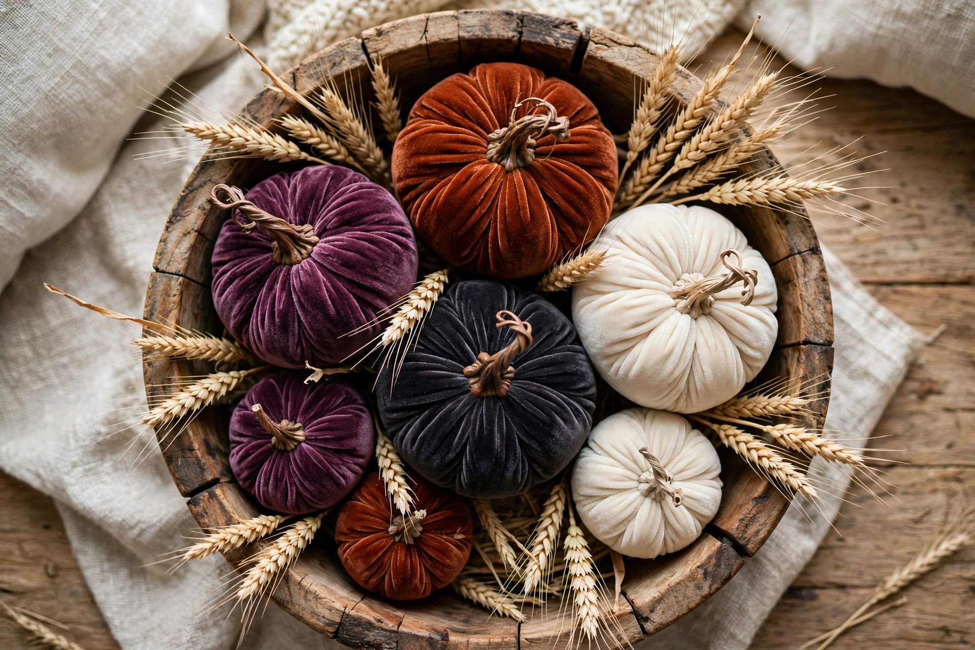 Pile of velvet pumpkins in jewel tones, elegant Halloween decor idea 2026