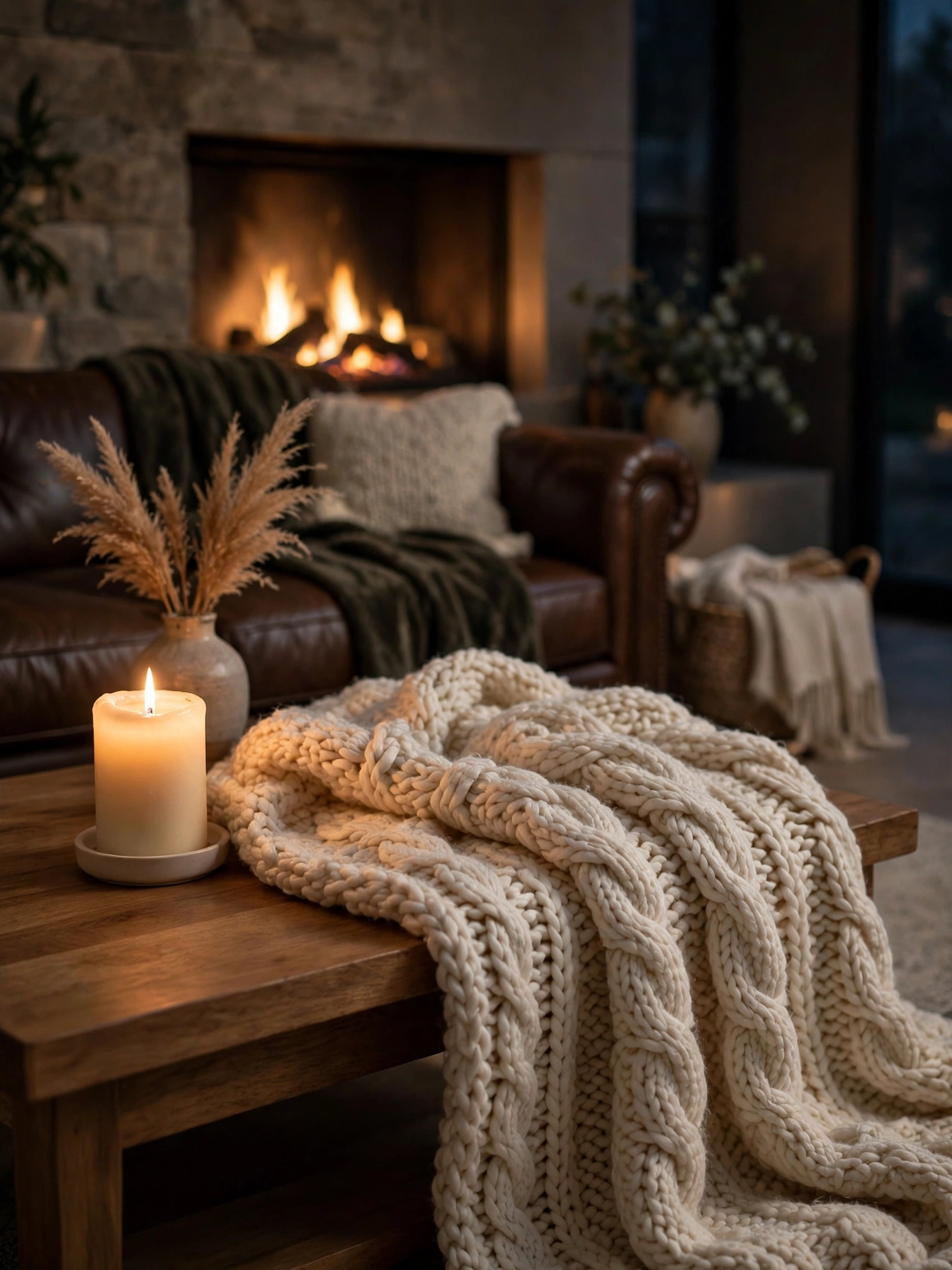 A chunky knit throw draped over the corner of a coffee table with a candle beside it, a soft cozy layer in these fall coffee table decor ideas for autumn 2026.