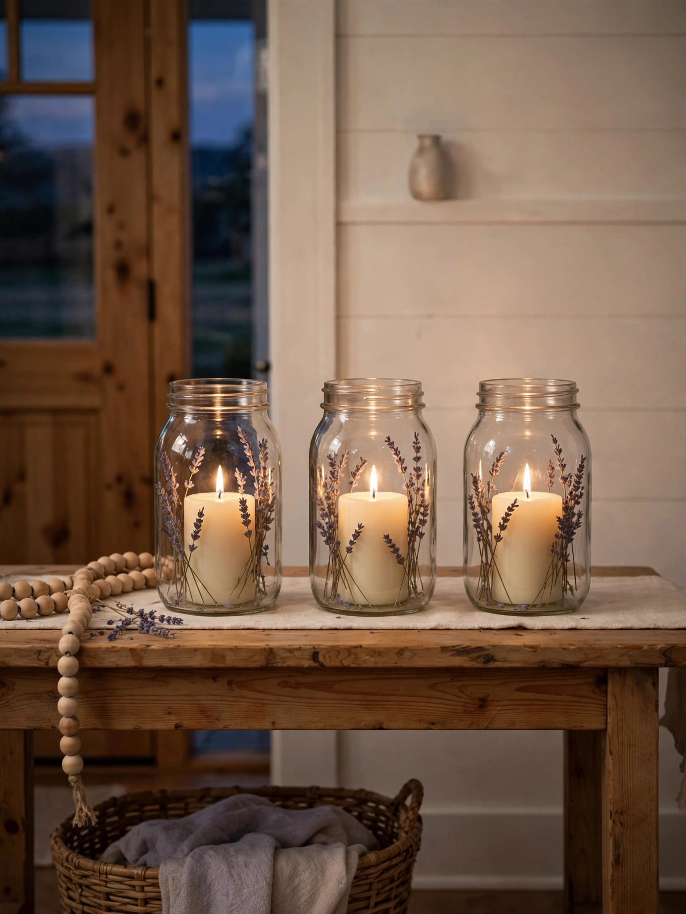 Fall entry table decor ideas for autumn 2026: three quart mason jars with cream pillar candles and lavender sprigs on a farmhouse console.