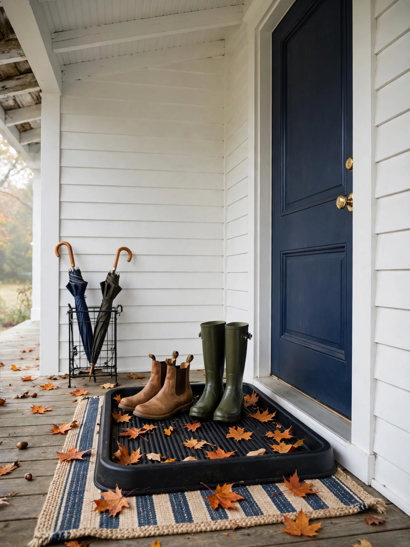 Black rubber boot tray with leather boots and scattered maple leaves by a navy door, a practical entry in these fall front door decor ideas for autumn 2026.