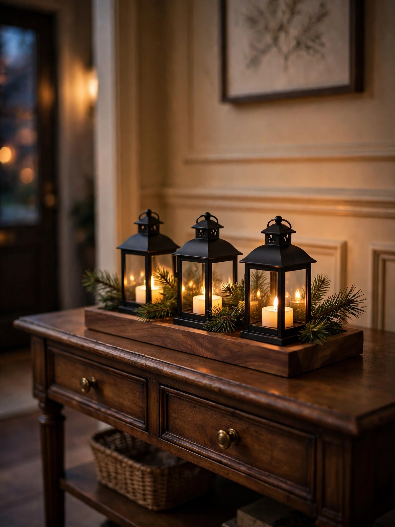Walnut tray with three mini lanterns, LED tea lights and pine sprigs, a pick from these fall tray decor ideas for autumn 2026.