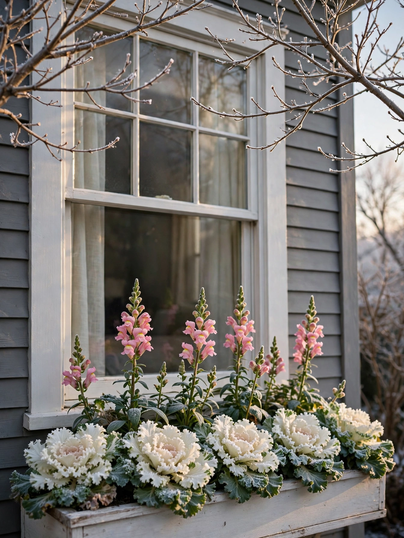 A window box edged with frosty white ornamental kale and pink snapdragons on a gray house, the hardiest of the fall window boxes for autumn 2026.