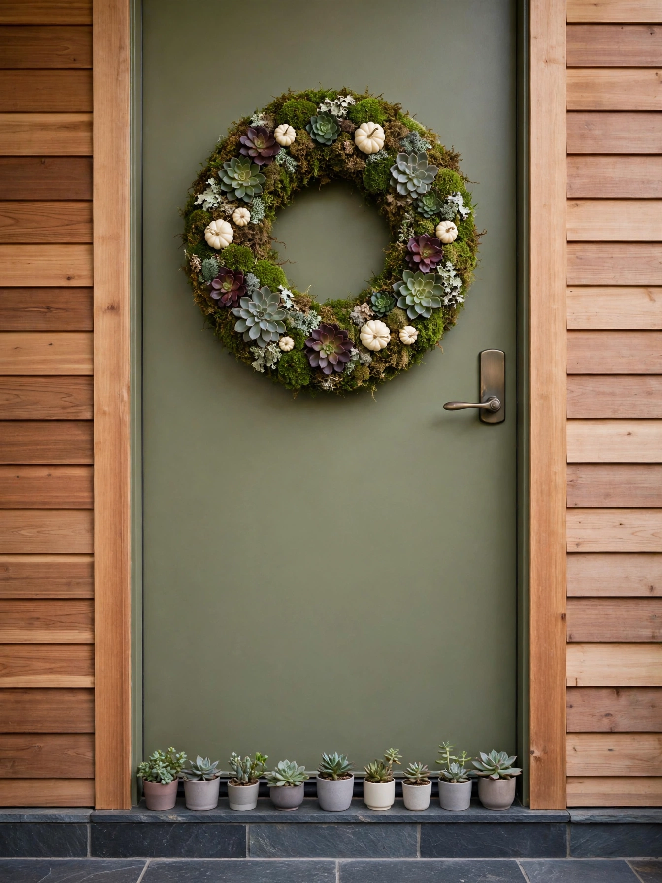 Green sphagnum moss with faux succulents and tiny white pumpkins, a modern botanical entry among fall wreath ideas for autumn 2026, on an olive green door.