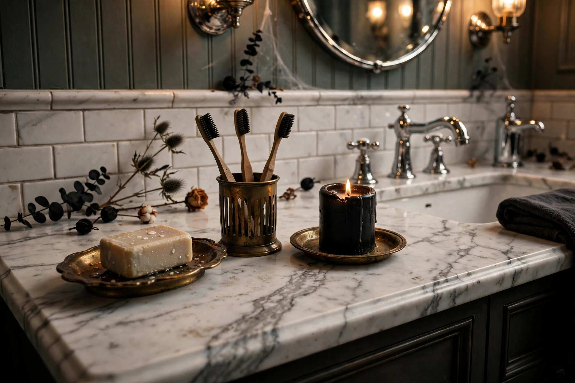 Antique brass pops in a Halloween bathroom