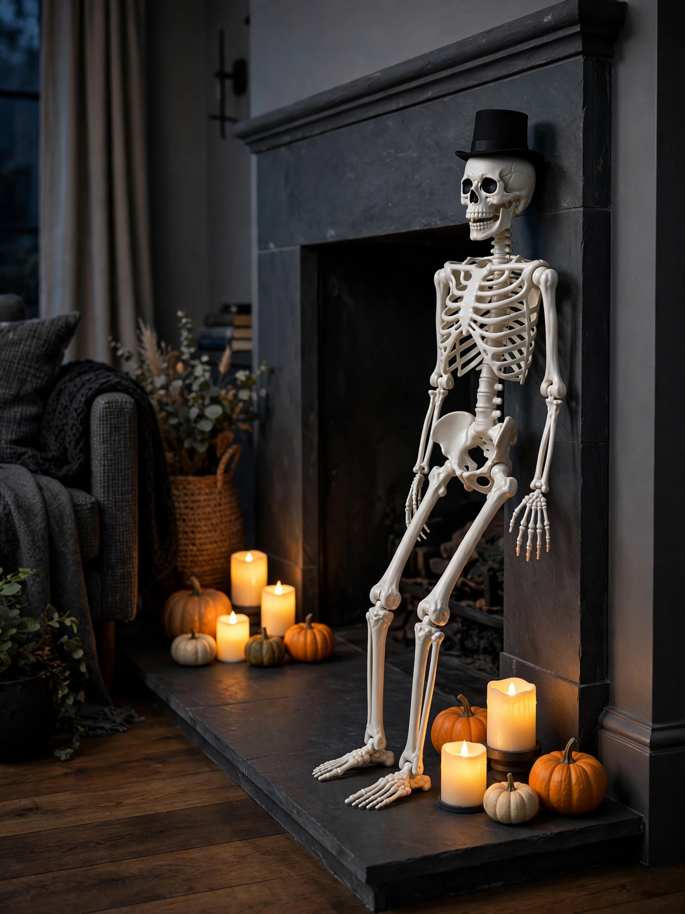 A fireplace hearth guarded by a life-size posable skeleton figure leaning casually against a dark gray fireplace surround,...