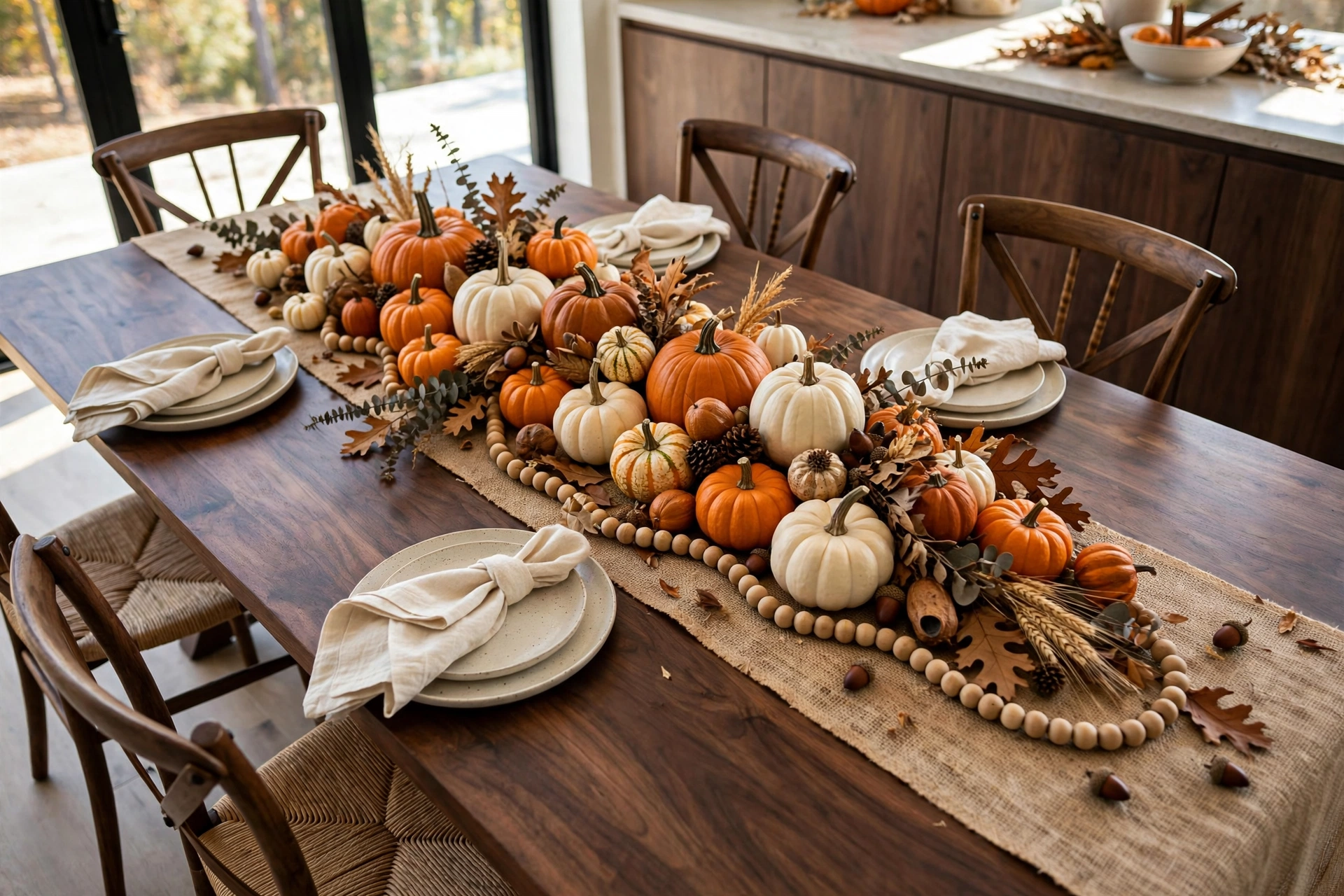 A kitchen dining table with a harvest themed runner and pumpkin centerpiece