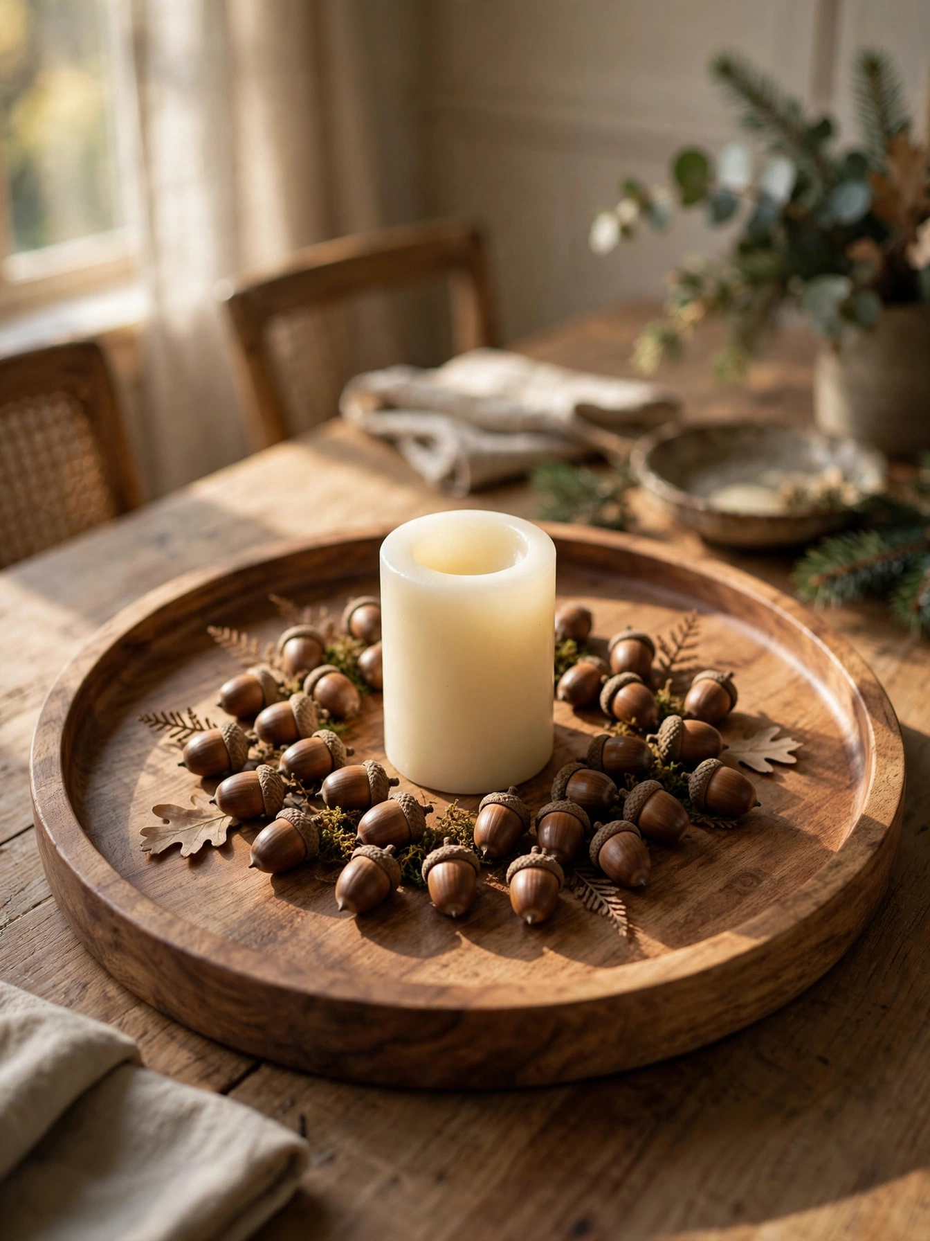 An ivory pillar candle ringed with a single layer of acorns on a round wooden tray, a woodland idea from these simple fall decor ideas for autumn 2026.