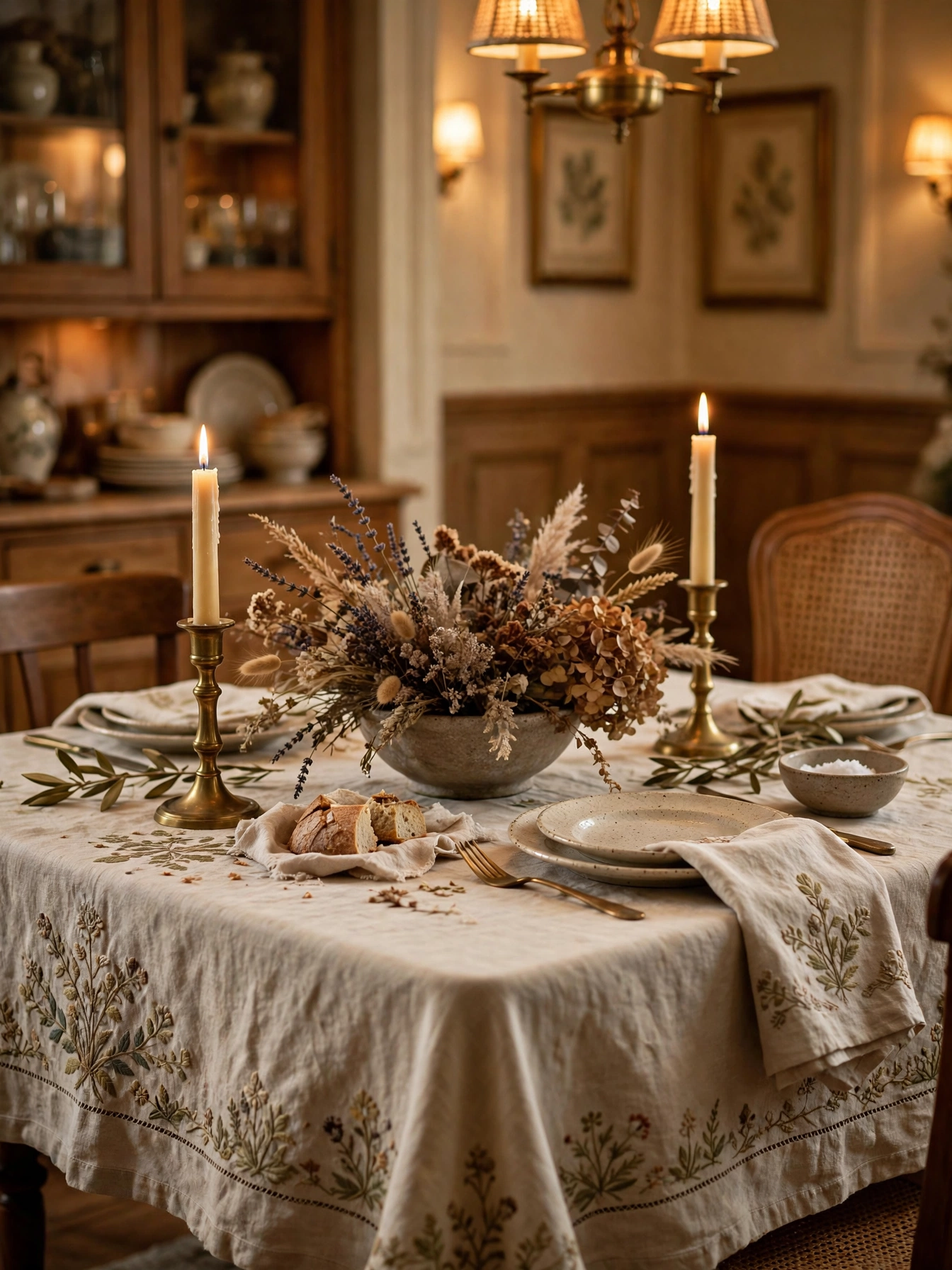 A dining table with an embroidered vintage linen cloth and brass candlesticks, one of the vintage fall decor ideas for autumn 2026.