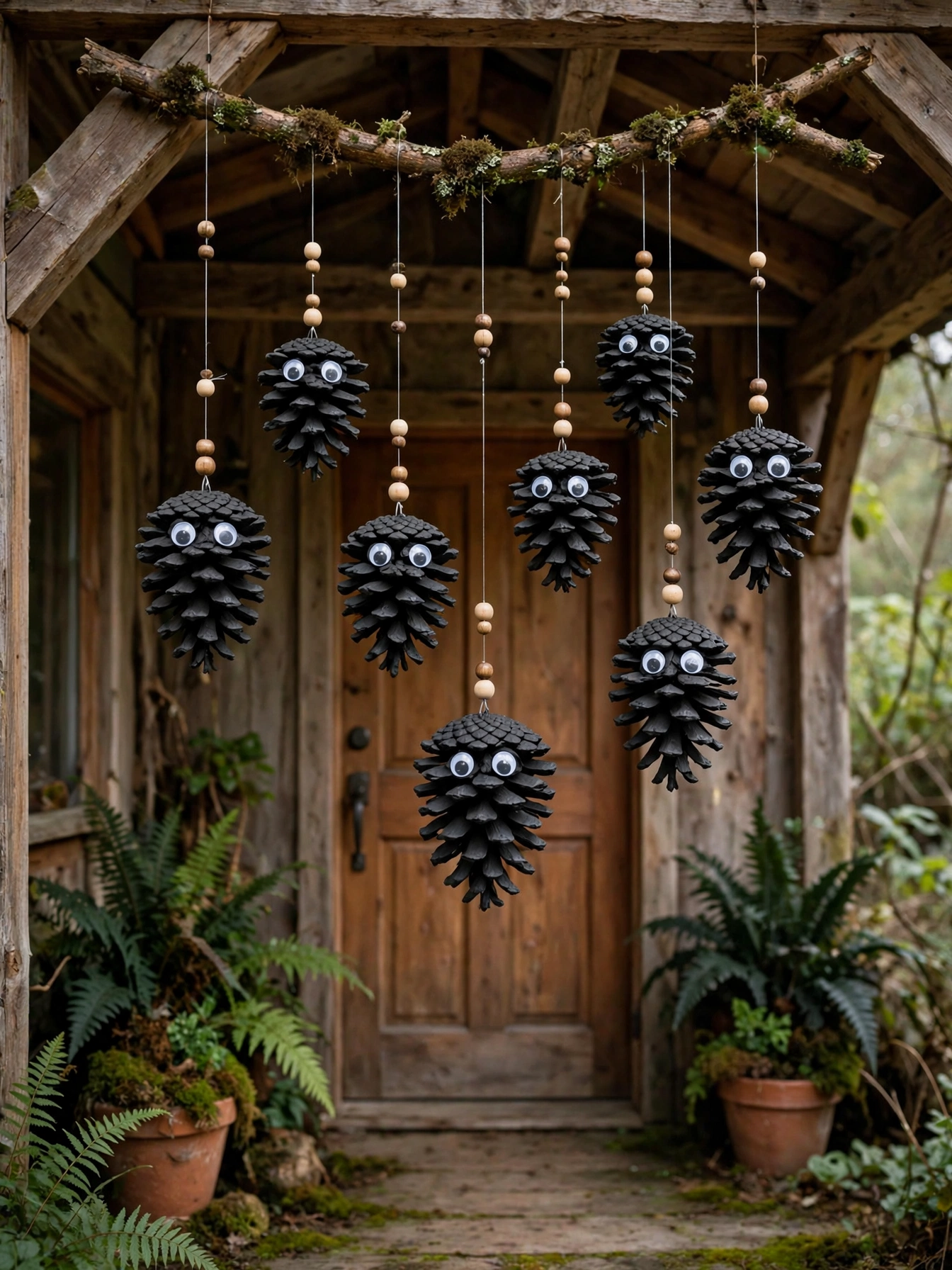 A handmade mobile of painted pinecone bats hanging from a branch above a front door
