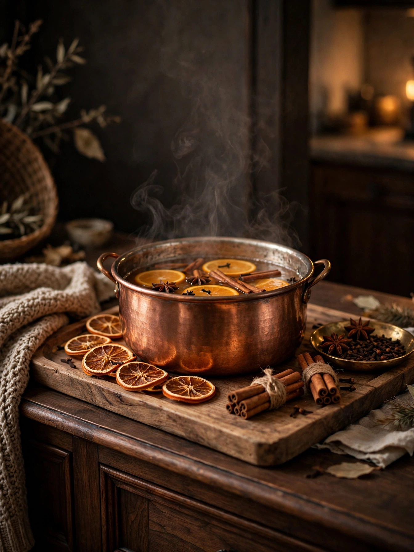 A copper pot of simmering spices with orange slices and cinnamon on a styled sideboard tray, a fragrant fall living room decor ideas for autumn 2026.