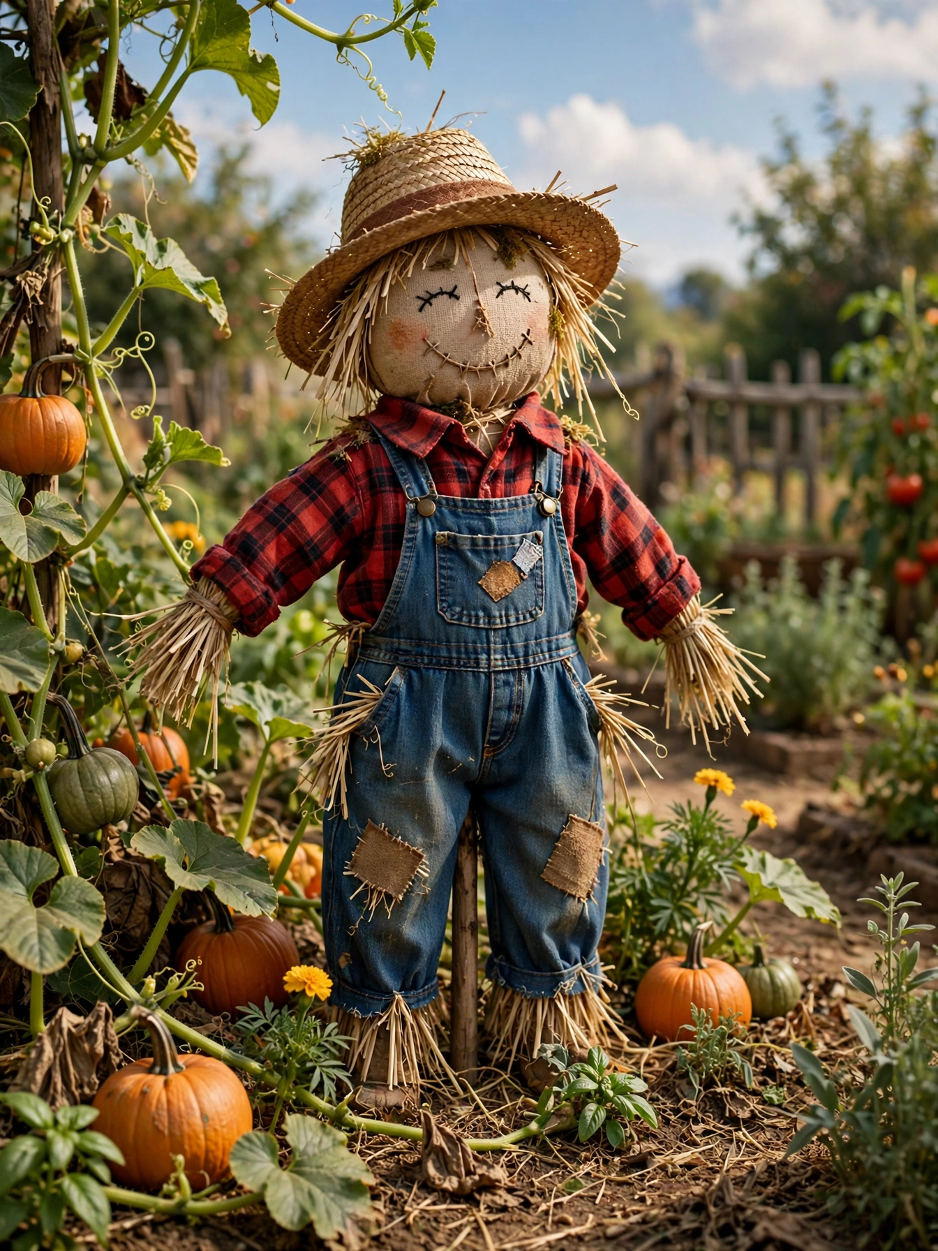 A charming handmade scarecrow with plaid shirt and straw hat standing among pumpkin vines, a nostalgic figure in these fall outdoor decor ideas for autumn 2026.