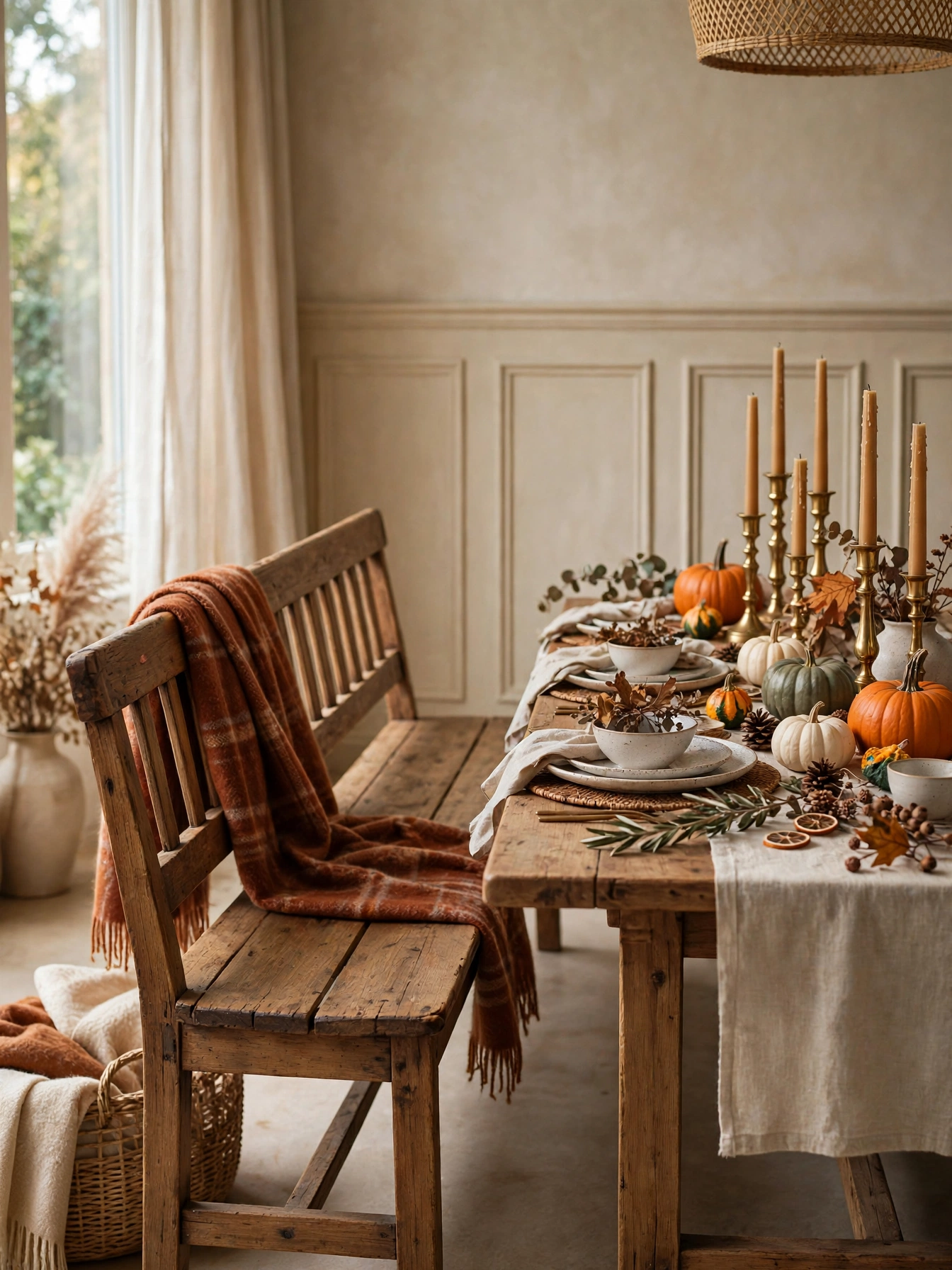 Wooden dining bench with a plaid wool throw draped over the back beside a styled fall table.