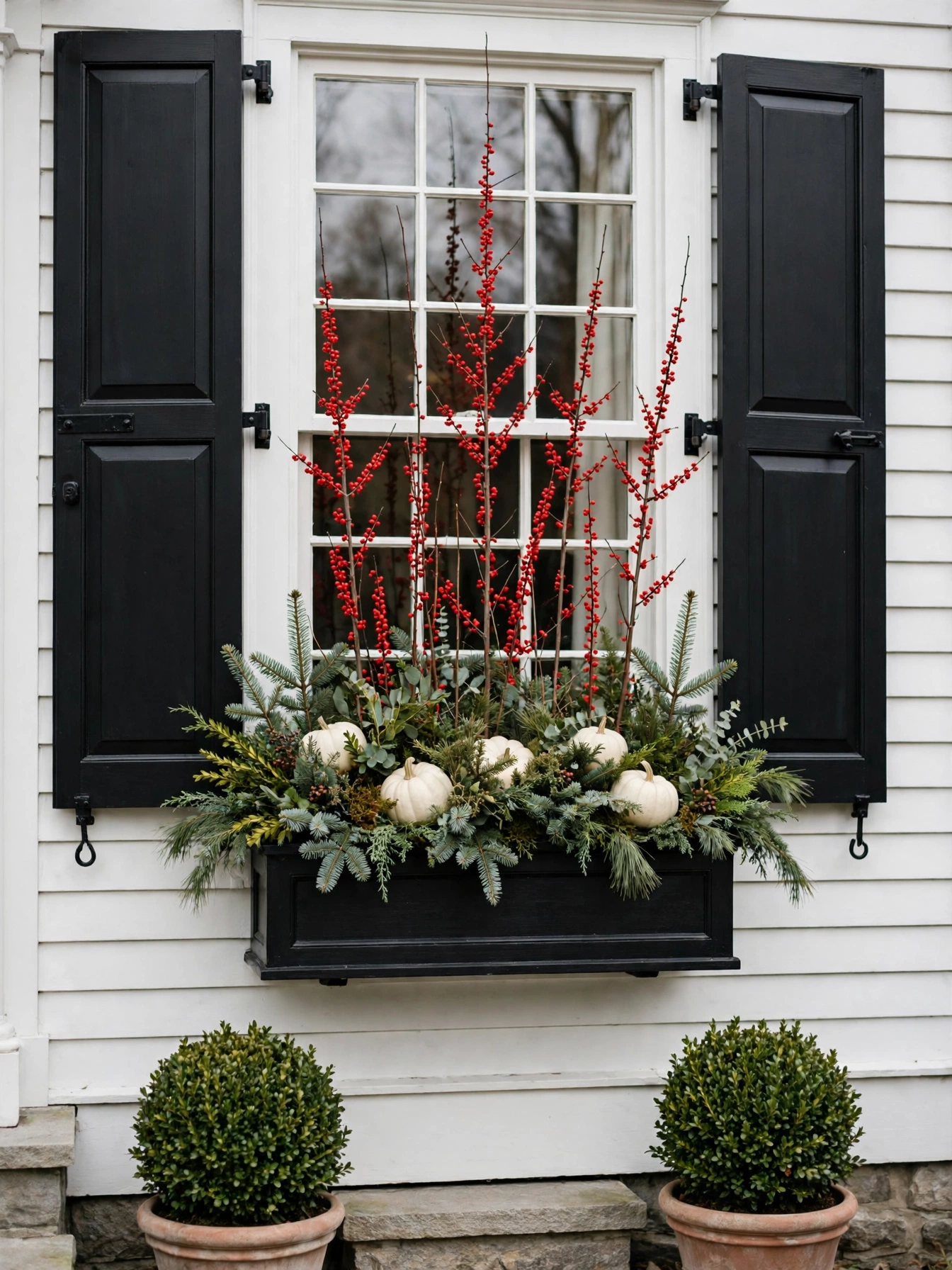 A black window box with red winterberry branches, evergreen sprigs and white pumpkins on a white colonial, part of the fall window boxes for autumn 2026 series.