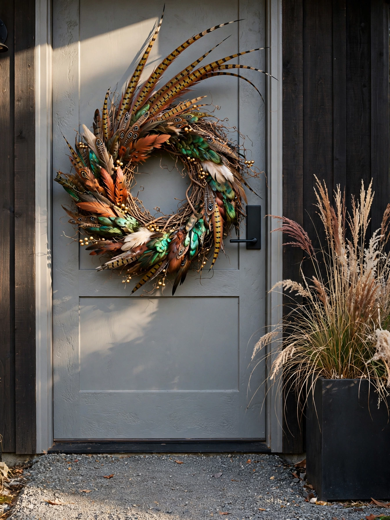Natural pheasant feathers in copper and bronze with long tail feathers, the most dramatic of these fall wreath ideas for autumn 2026, on a stone gray door.