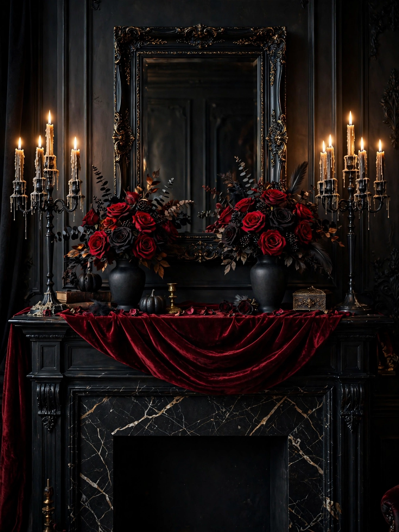 Gothic Halloween fireplace decor ideas 2026 with red roses and black candelabras