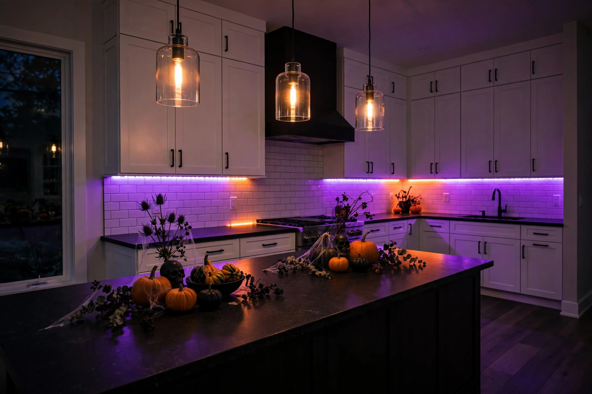 A kitchen with purple and orange LED accent lighting under cabinets for Halloween
