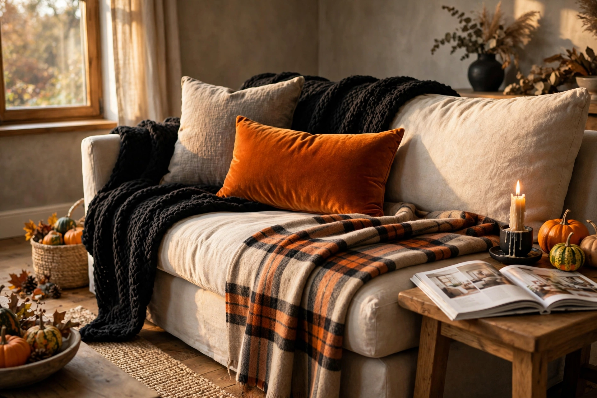 A living room sofa styled with layered Halloween textiles: black knit throw, pumpkin orange lumbar pillow, and plaid blanket