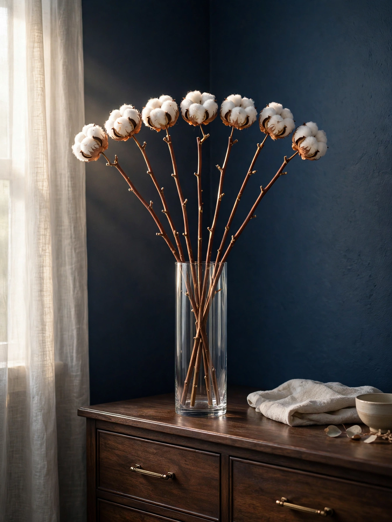 White cotton boll stems fanned in a tall glass vase against a navy wall, a brightening accent from these simple fall decor ideas for autumn 2026.
