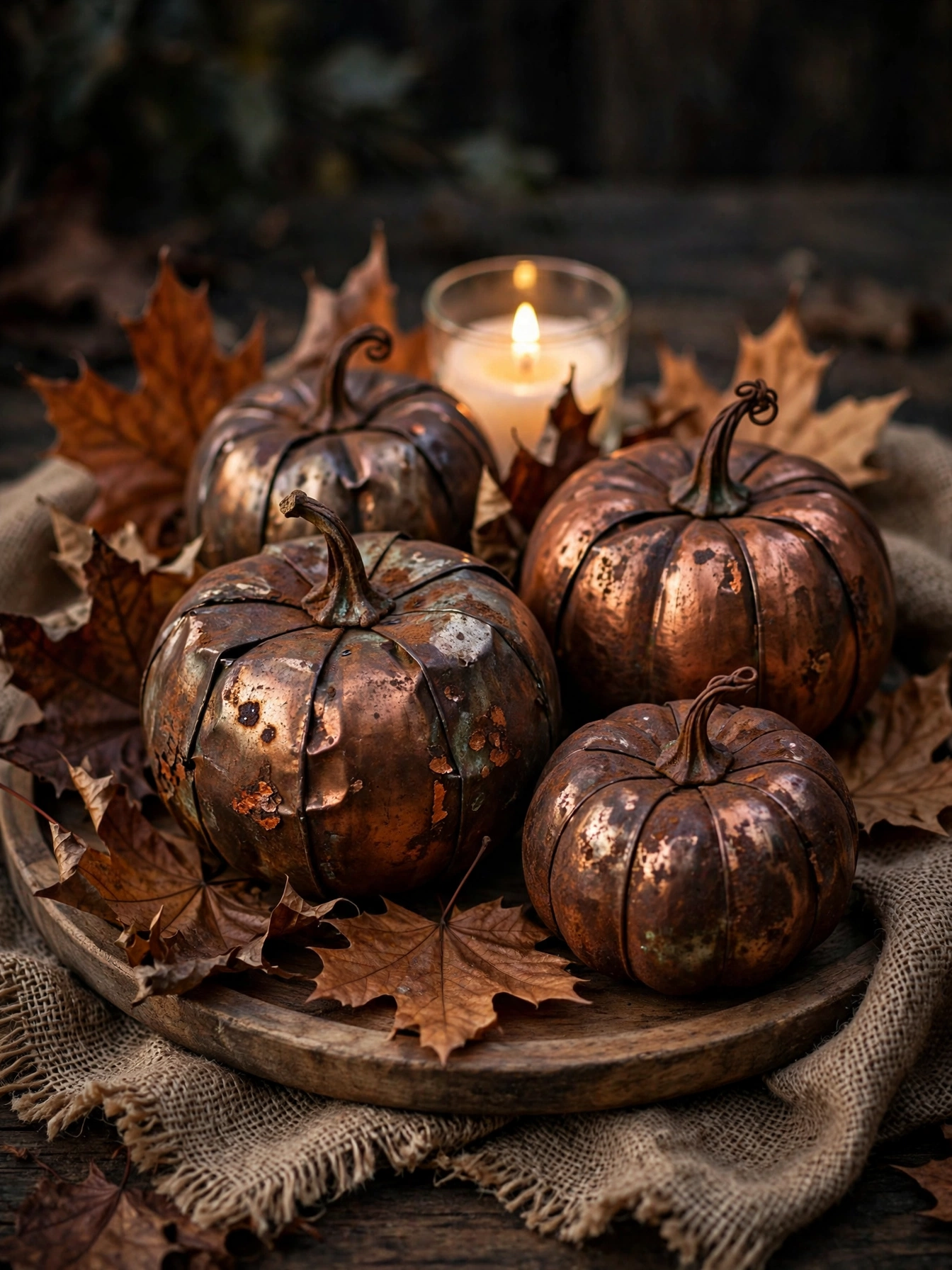Aged tin pumpkins with rusted patina among dried leaves on a wooden tray, one of the vintage fall decor ideas for autumn 2026.