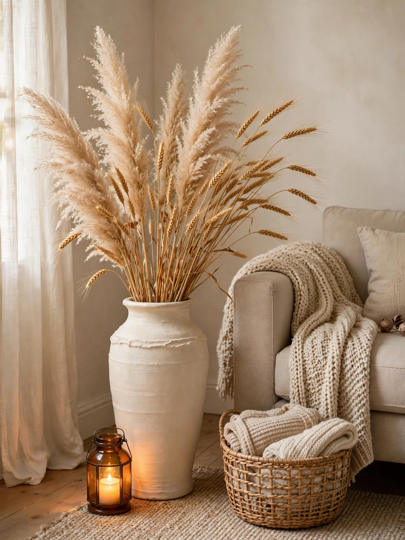 A tall ceramic vase with pampas grass and wheat beside a sofa with a glowing lantern, an airy diy fall decor ideas for autumn 2026.