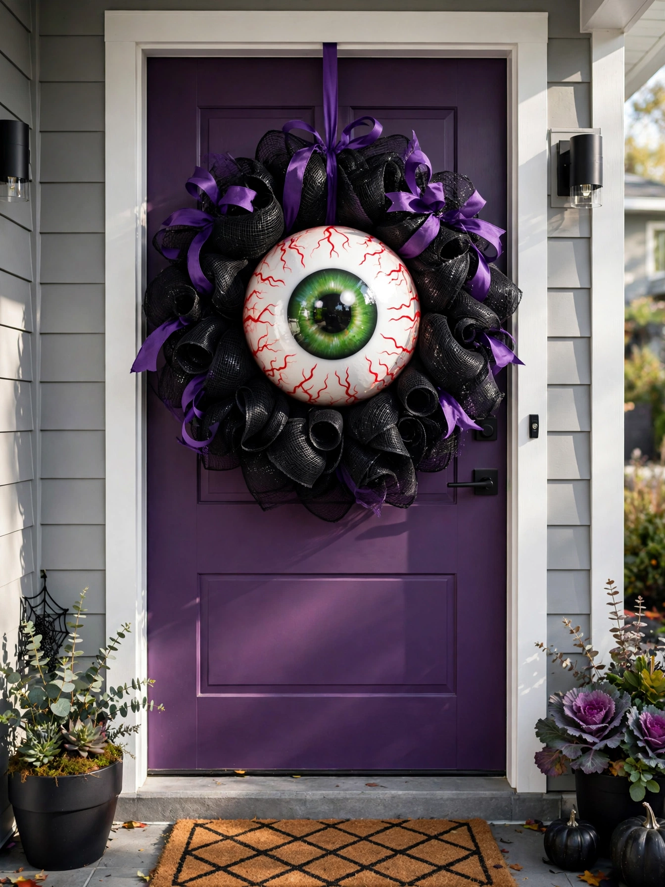 A handmade monster eye wreath with one giant painted eyeball in the center, hanging on a purple front door