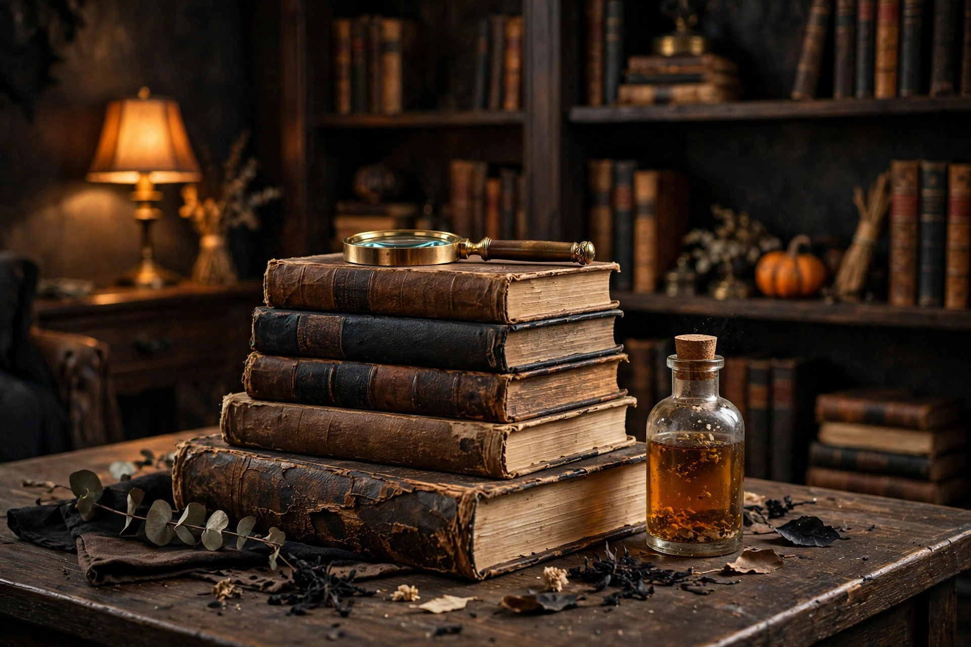 Coffee table styled with vintage books and candles, elegant Halloween decor 2026