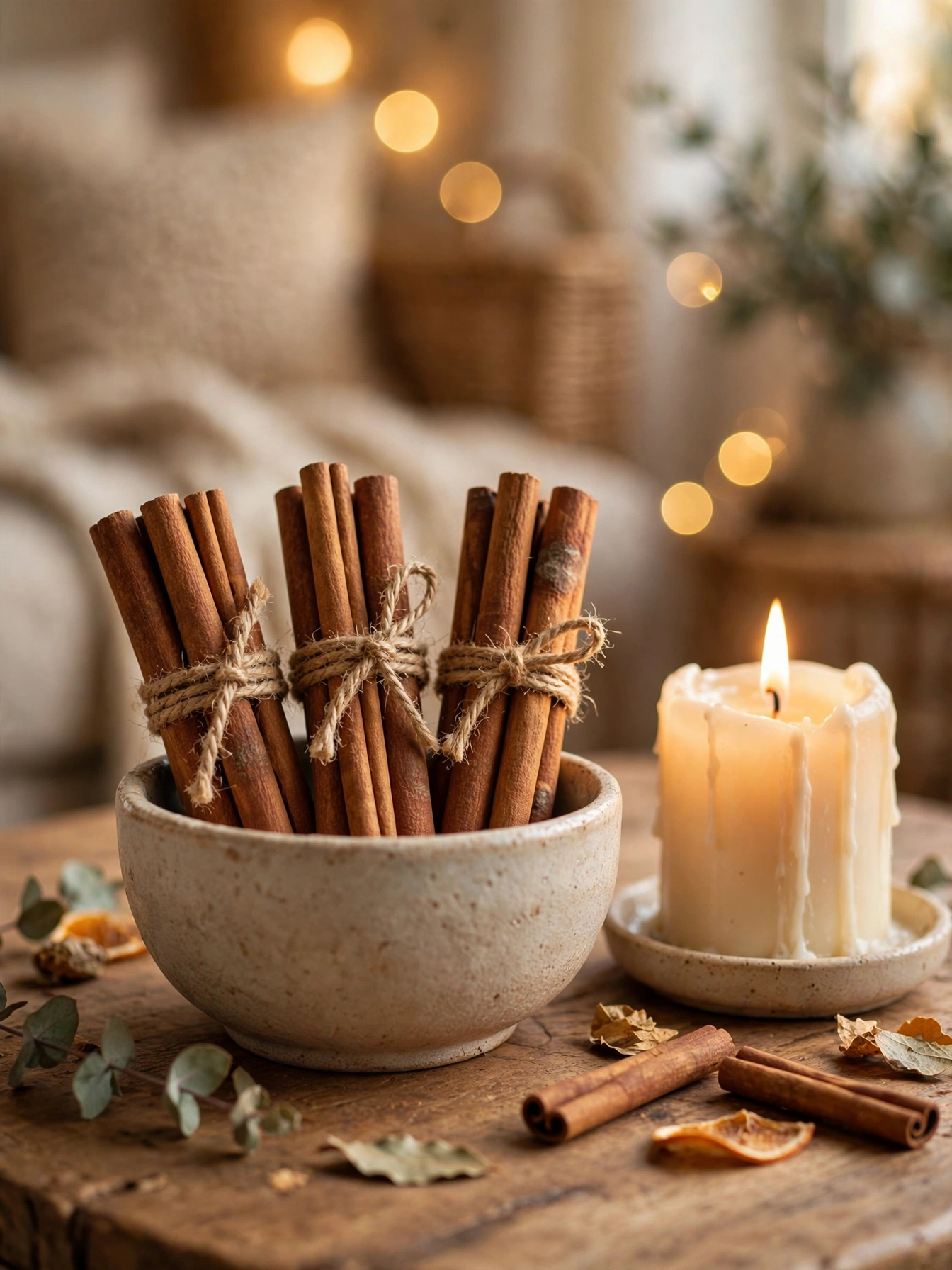 Bundles of cinnamon sticks tied with twine beside a candle on a coffee table, a fragrant natural detail in these fall coffee table decor ideas for autumn 2026.