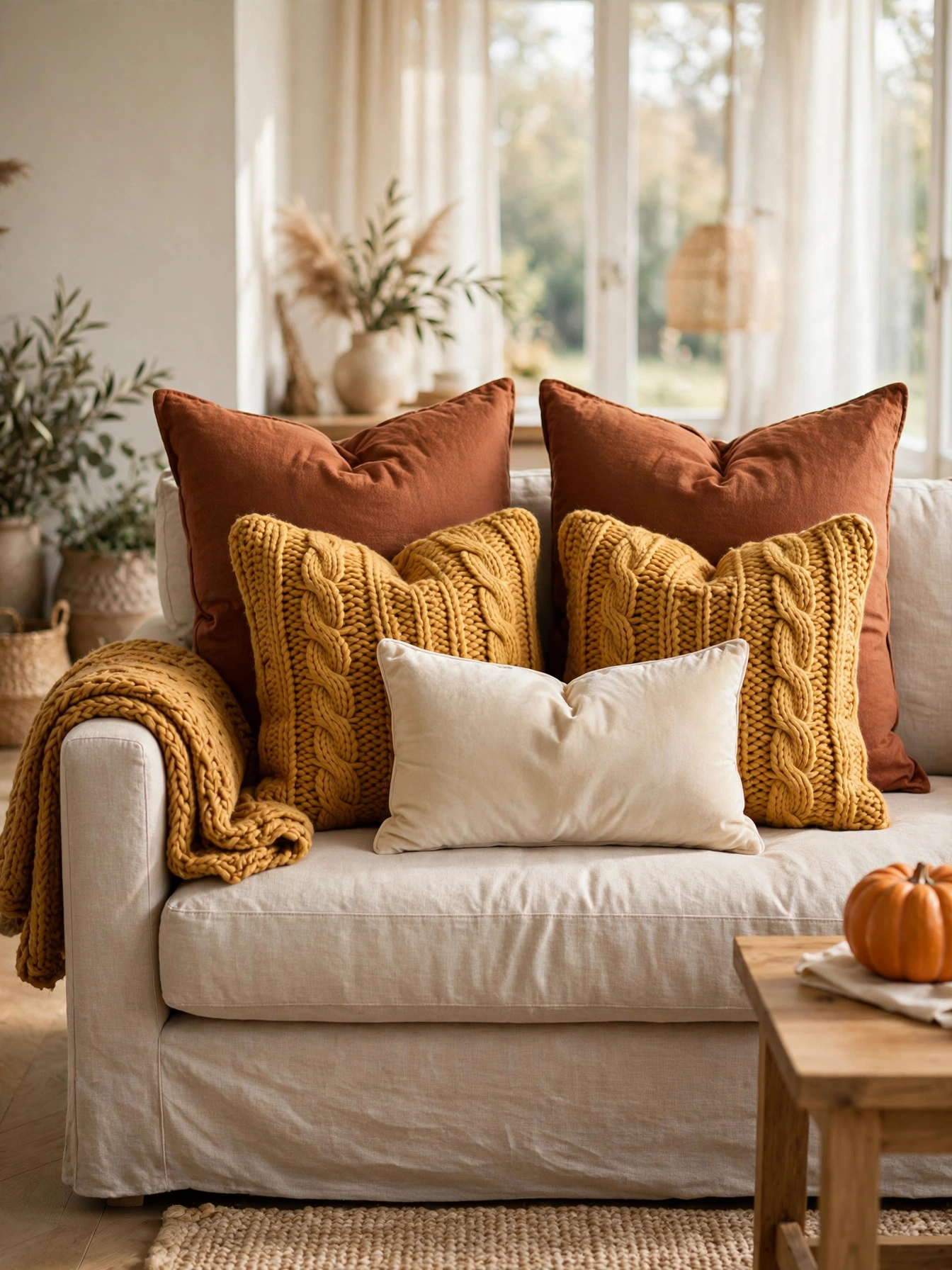 A beige sofa styled with layered rust, mustard and cream pillows in a 2-2-1 formula, a polished fall living room decor ideas for autumn 2026.