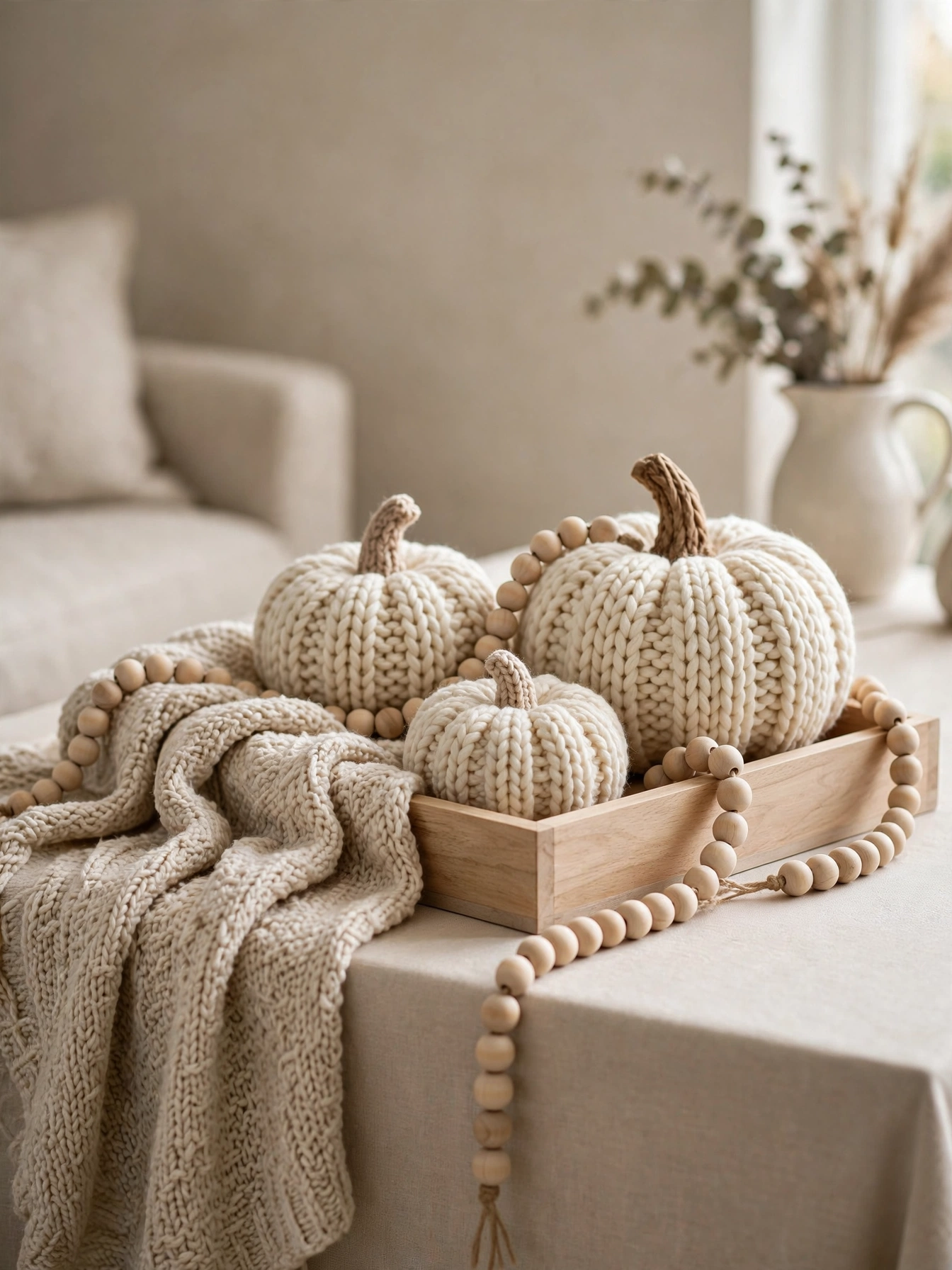 Light wood tray with knit pumpkins, a knit throw and wooden beads, featured among the fall tray decor ideas for autumn 2026 here.