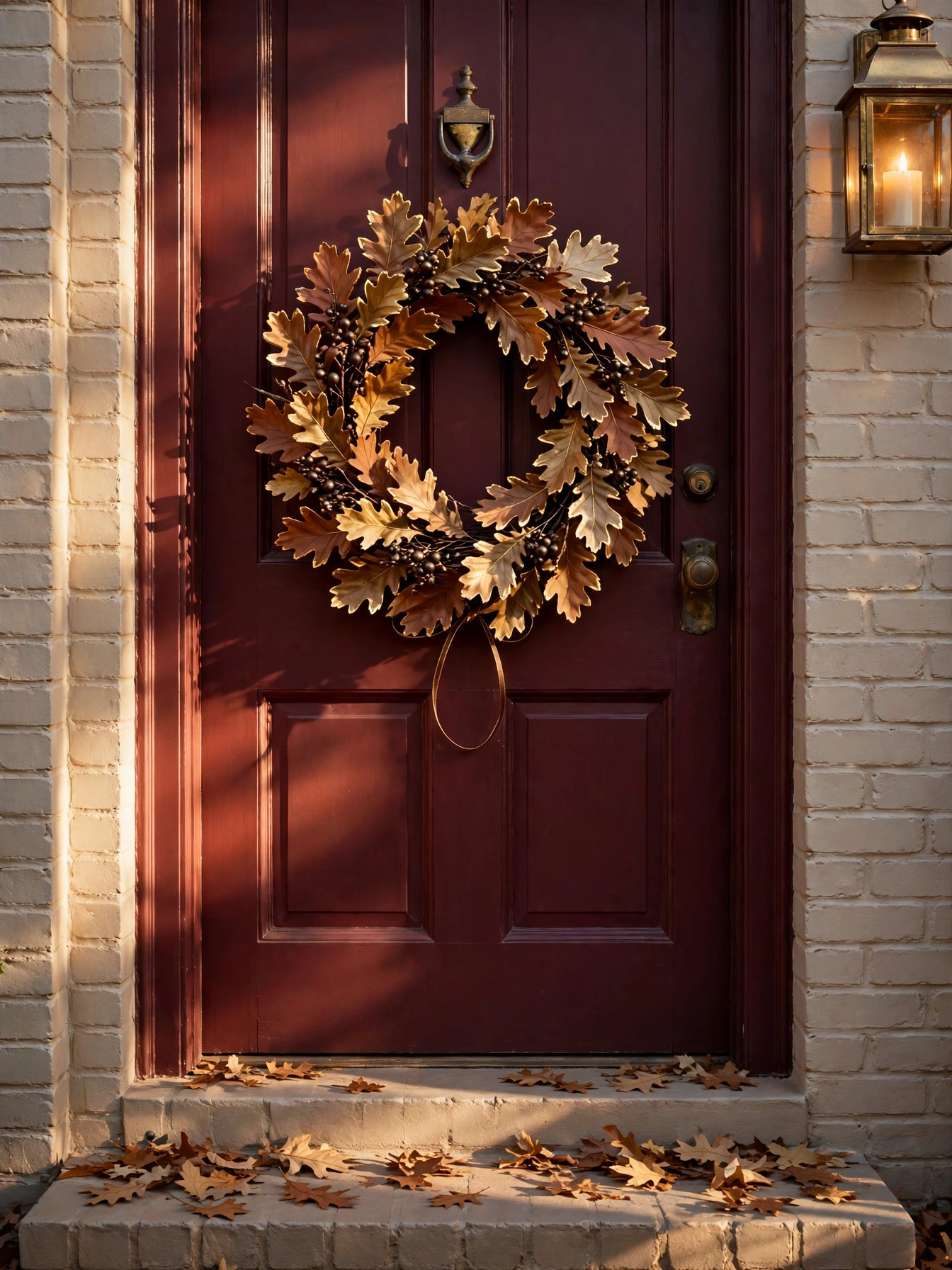 Preserved oak leaves with gilded gold edges and bronze berries, a graceful finale to these fall wreath ideas for autumn 2026, on a deep burgundy door.