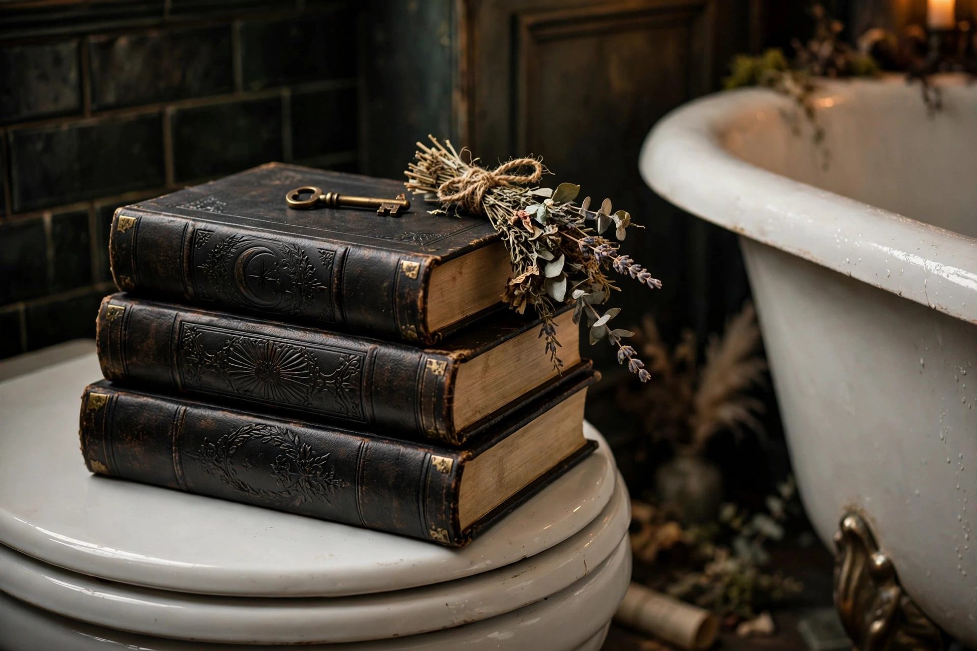 Spell book stack display in a Halloween bathroom