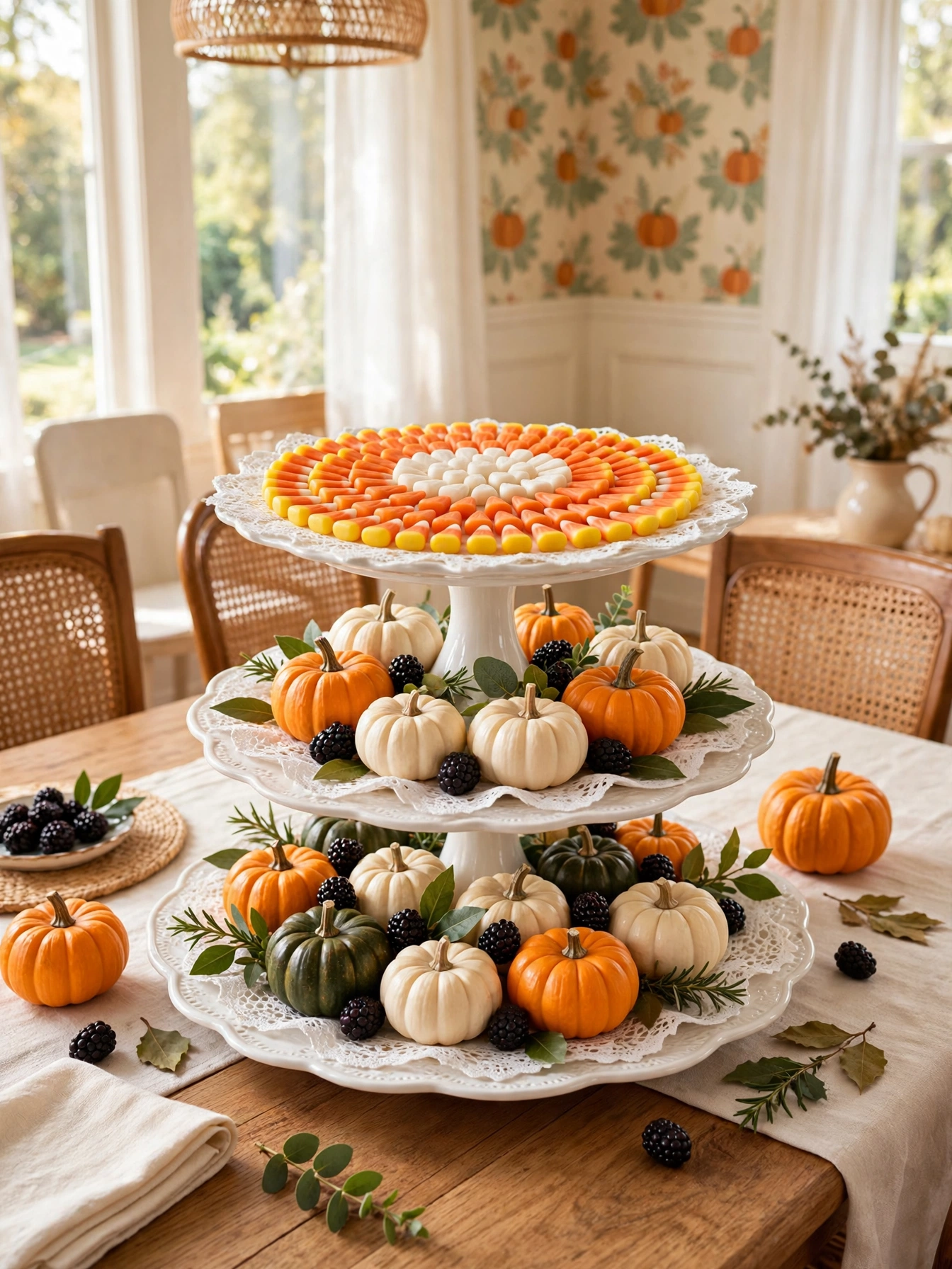 A three-tiered white ceramic stand layered with candy corn, small pumpkins, and blackberries on a dining table
