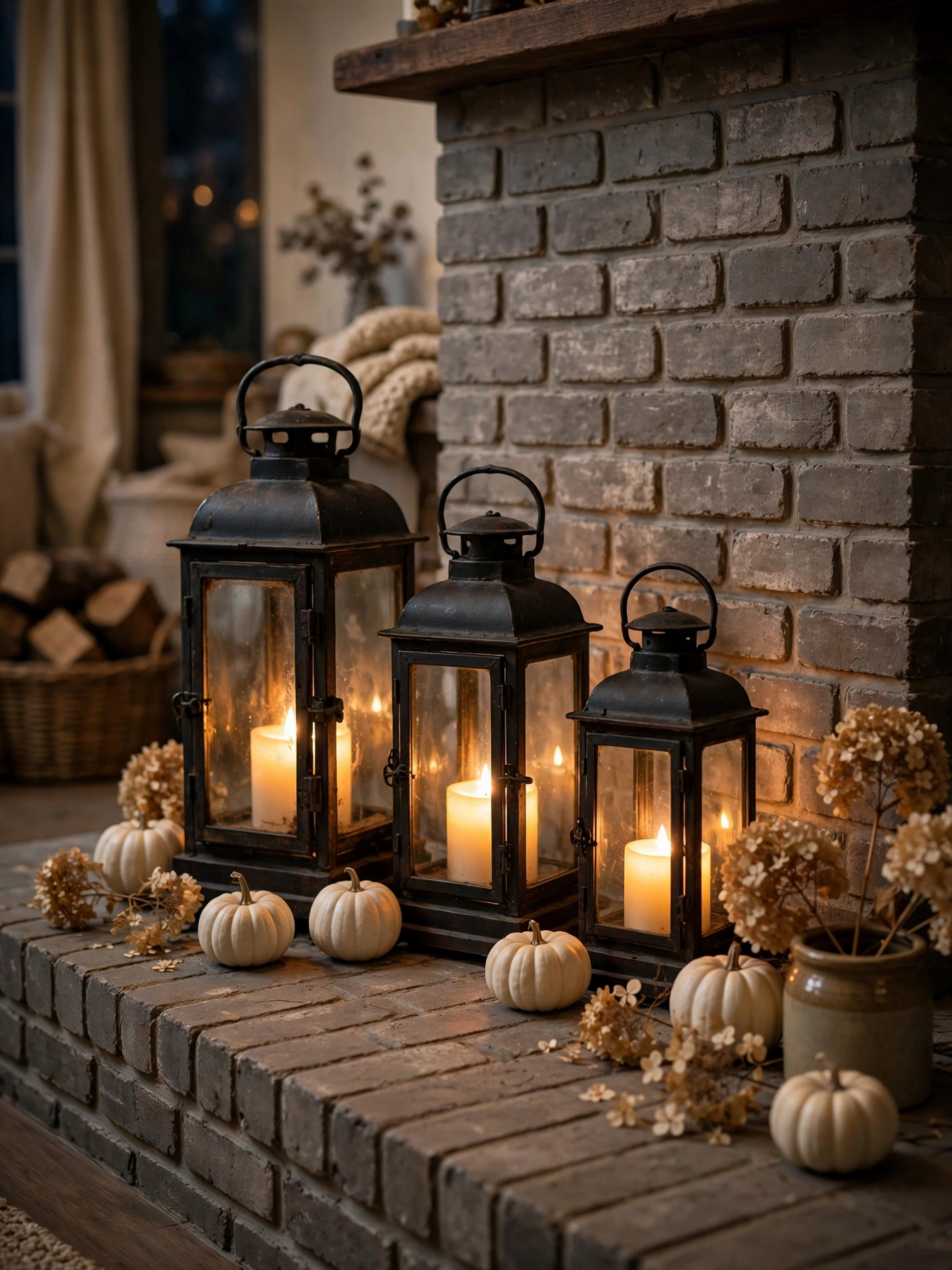 A fireplace hearth styled with three vintage black metal lanterns of different heights glowing with warm LED candles, surr...