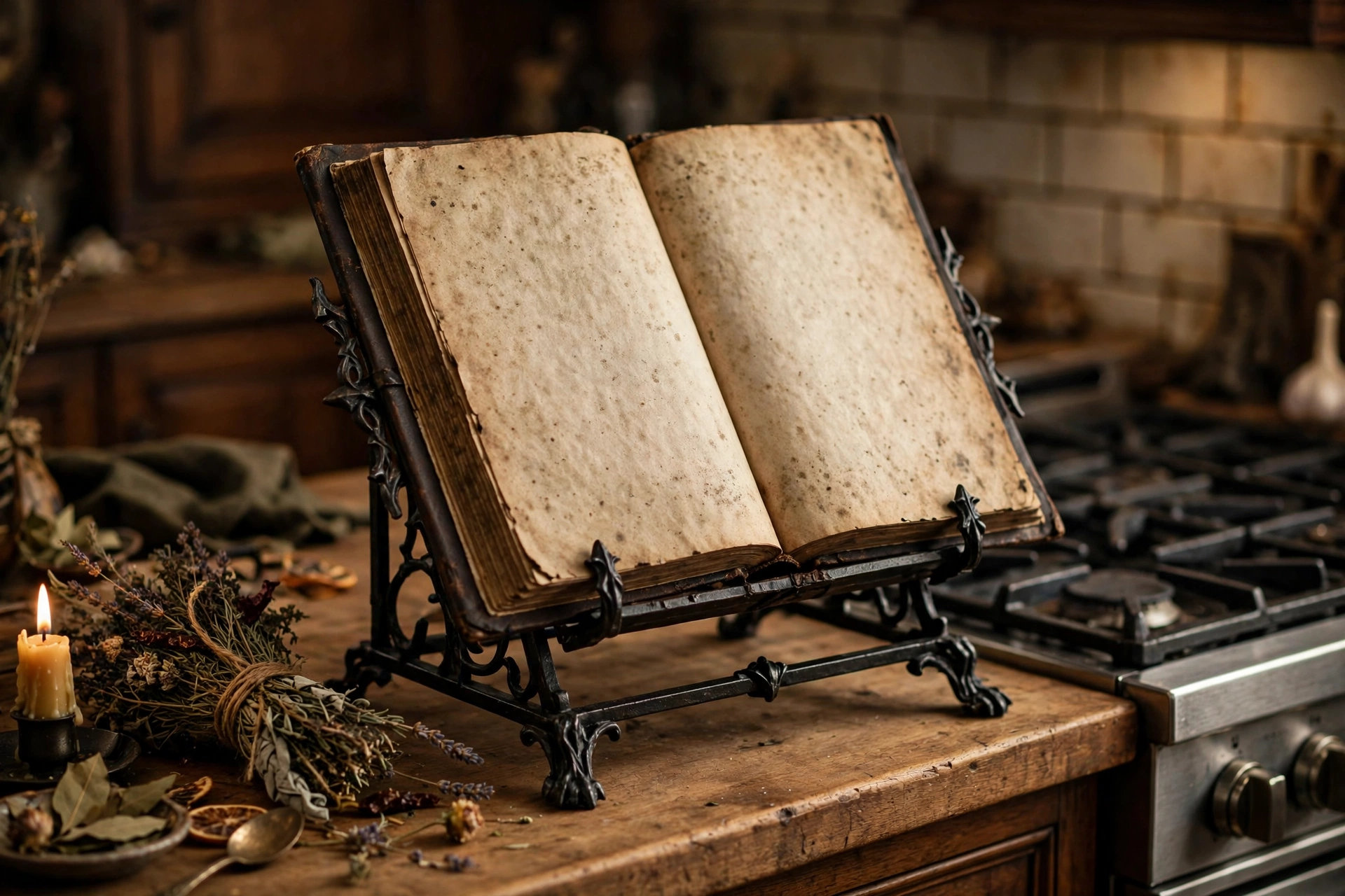 A vintage cookbook displayed open on a recipe stand styled like a spellbook on a kitchen counter