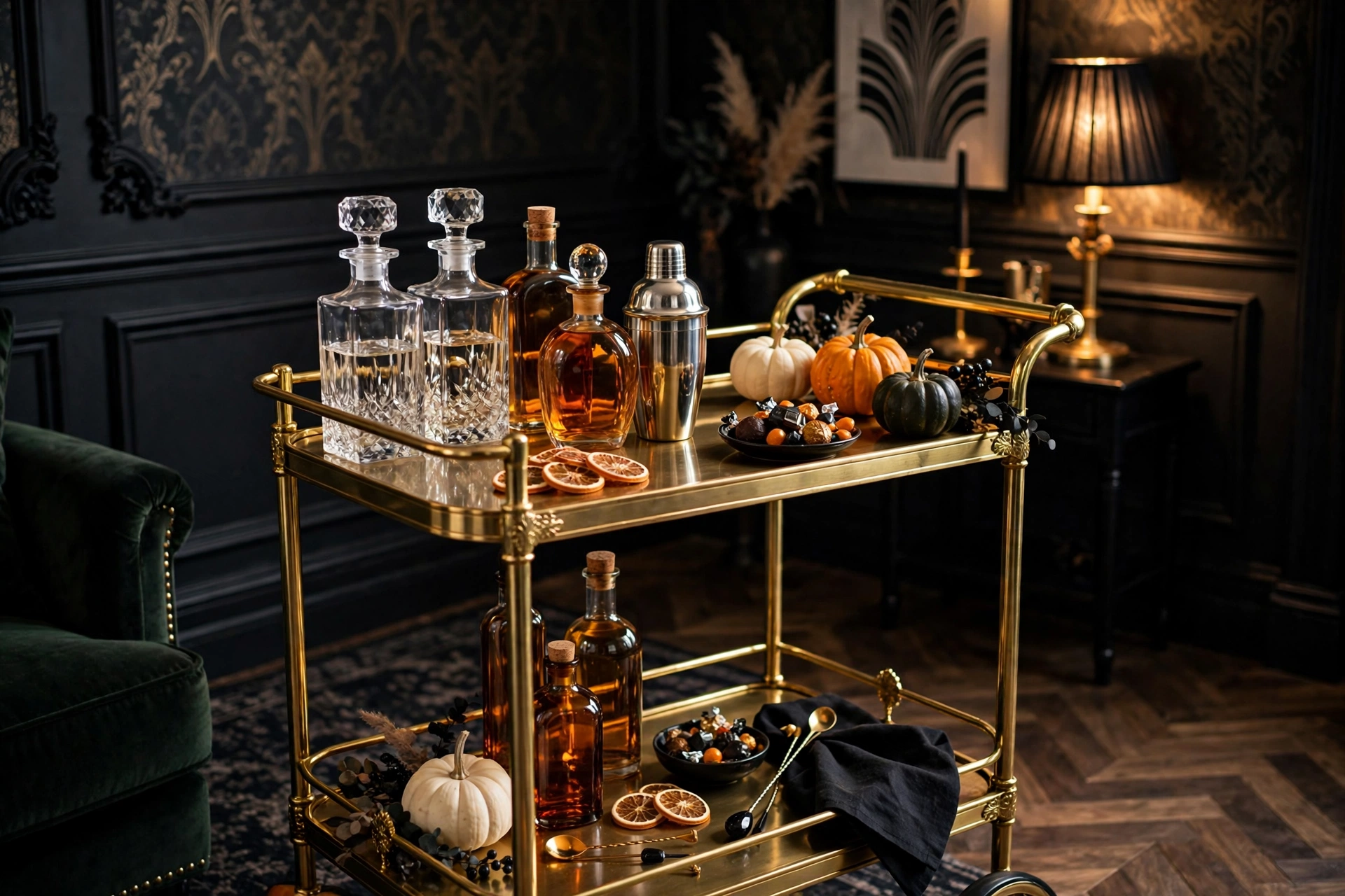 A brass bar cart styled with crystal decanters, amber bottles, and small pumpkins in a living room corner
